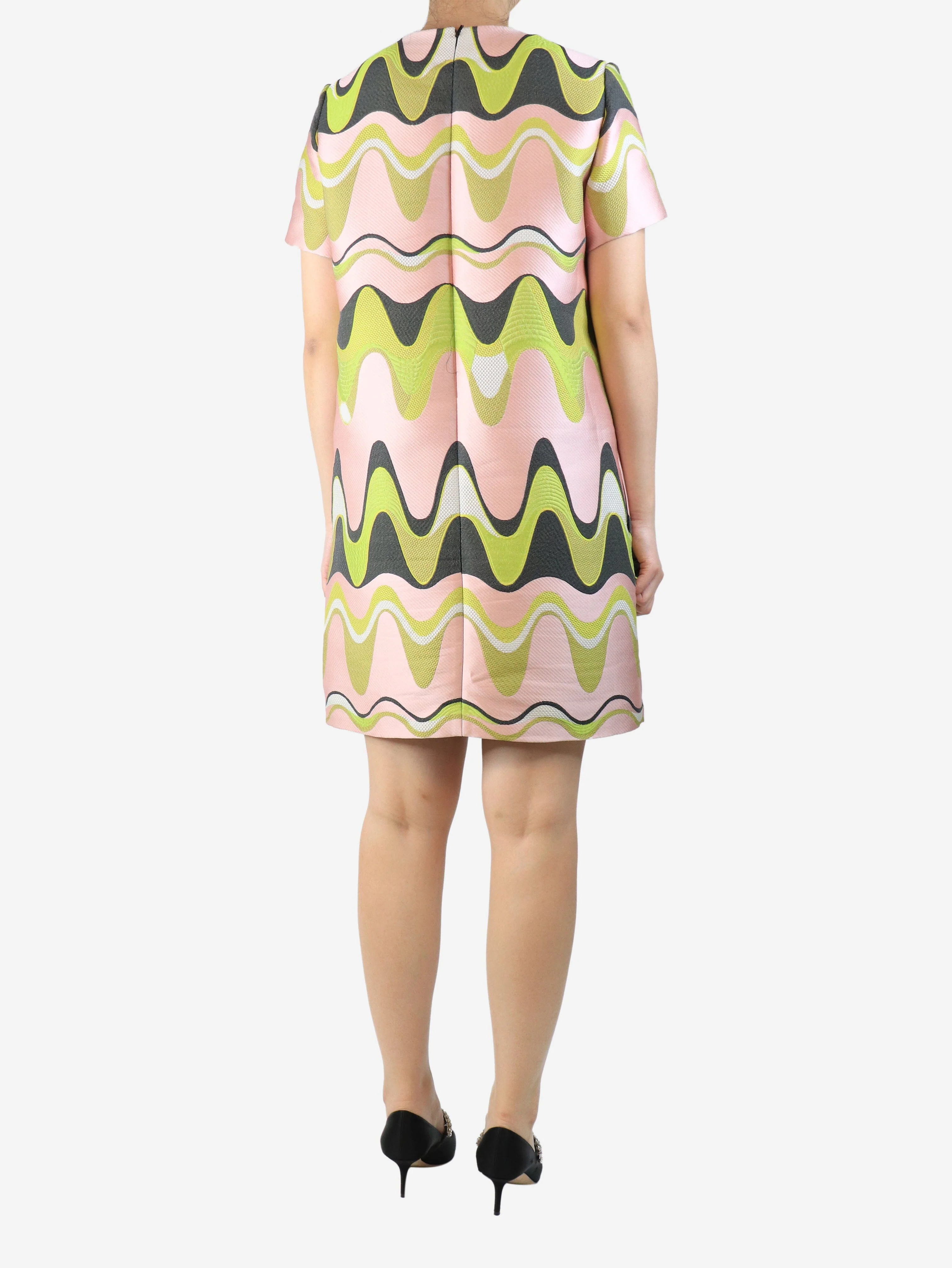 Pink and green wave jacquard shift dress - size UK 14 - Image 2