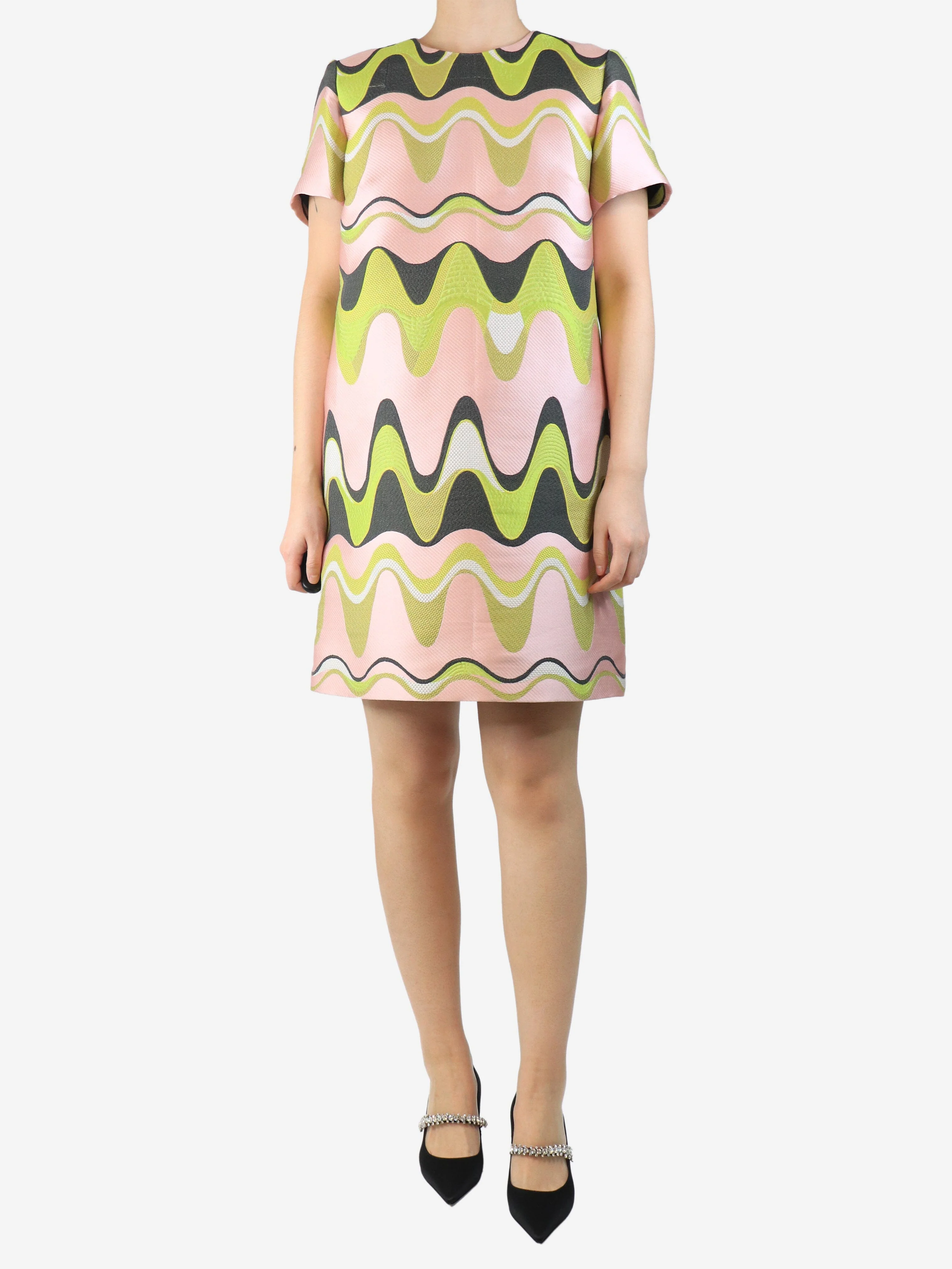 Pink and green wave jacquard shift dress - size UK 14 - Image 3