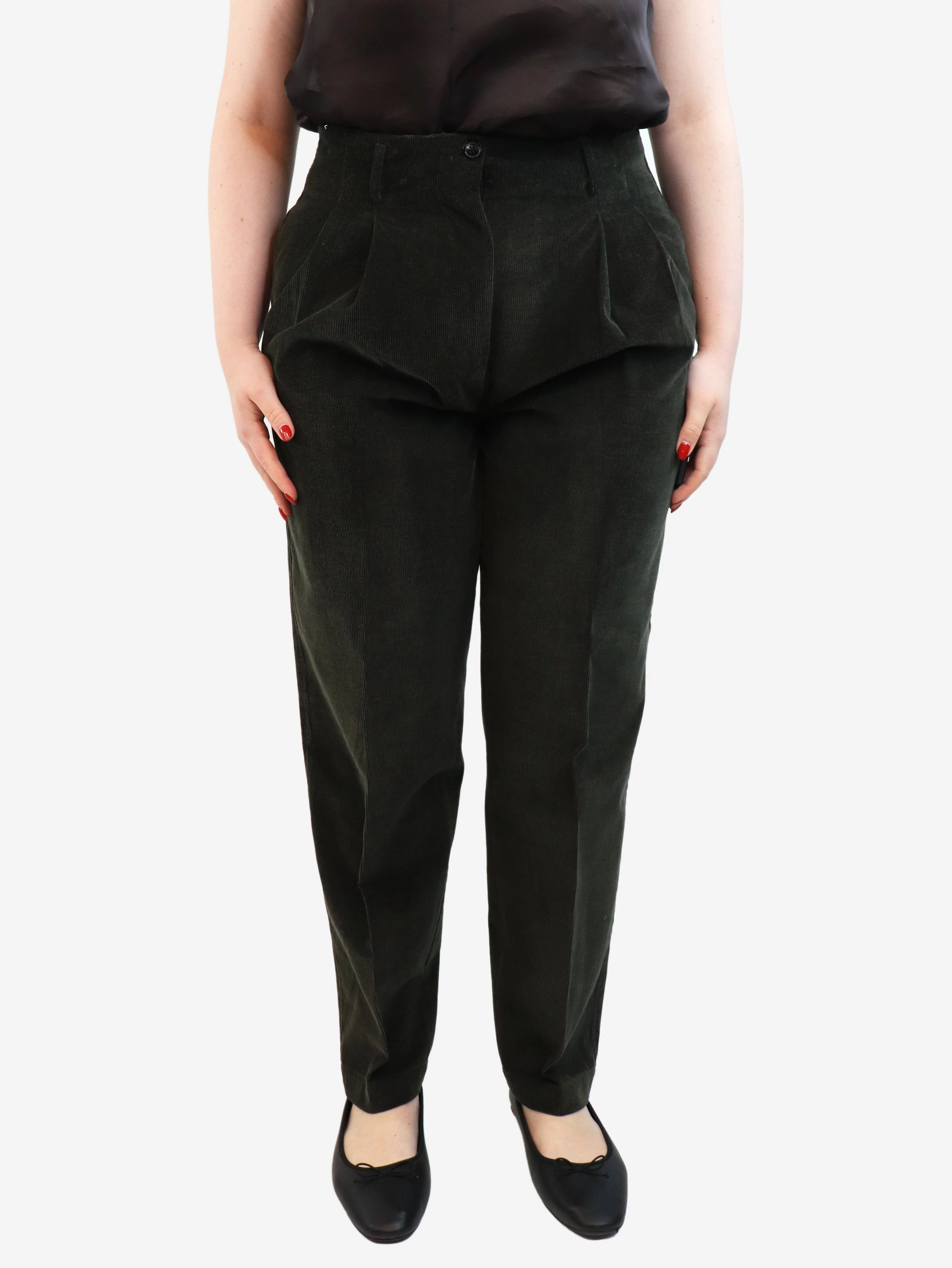 Dark green corduroy pleated trousers - size UK 16