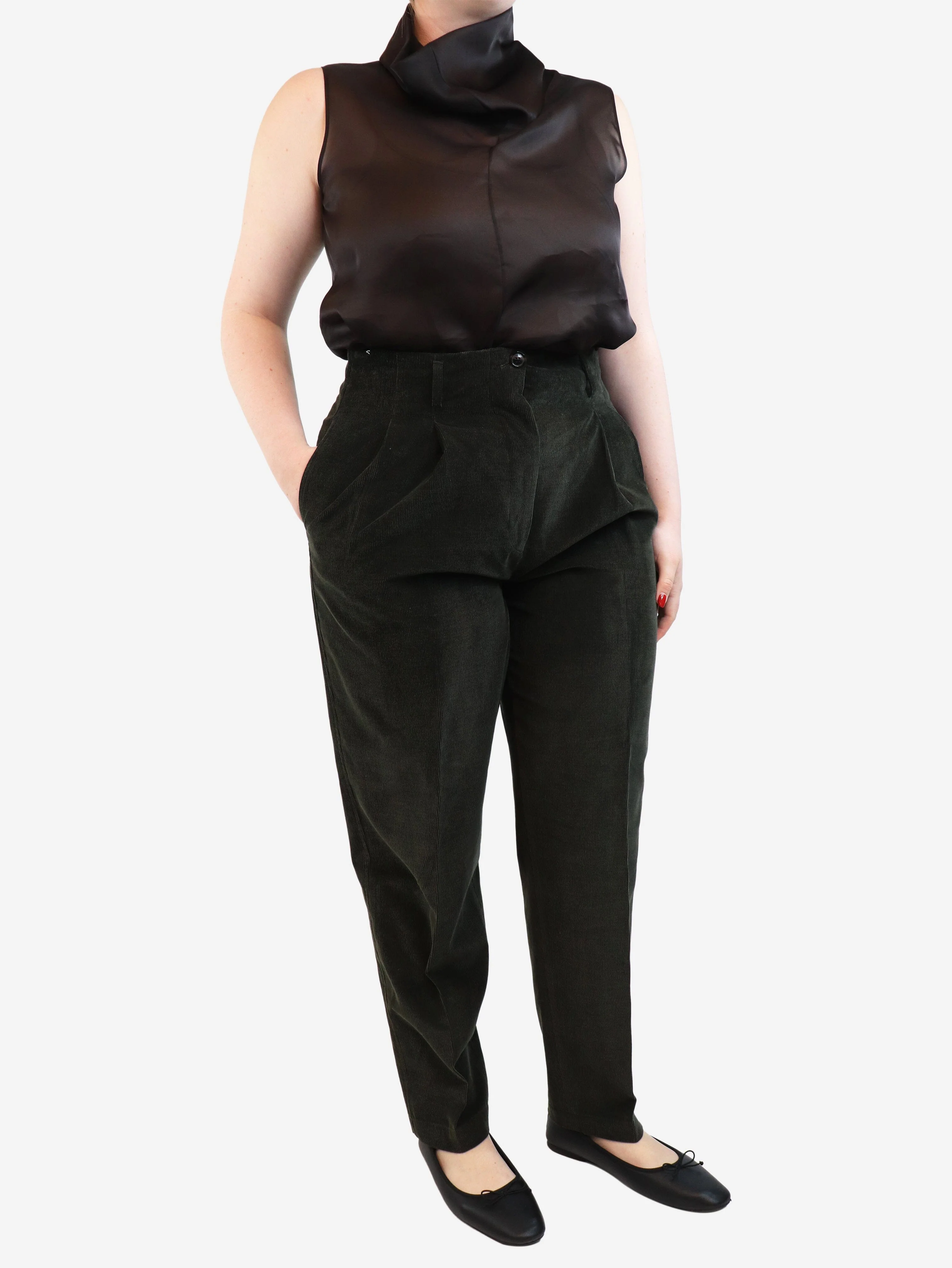 Dark green corduroy pleated trousers - size UK 16 - Image 2