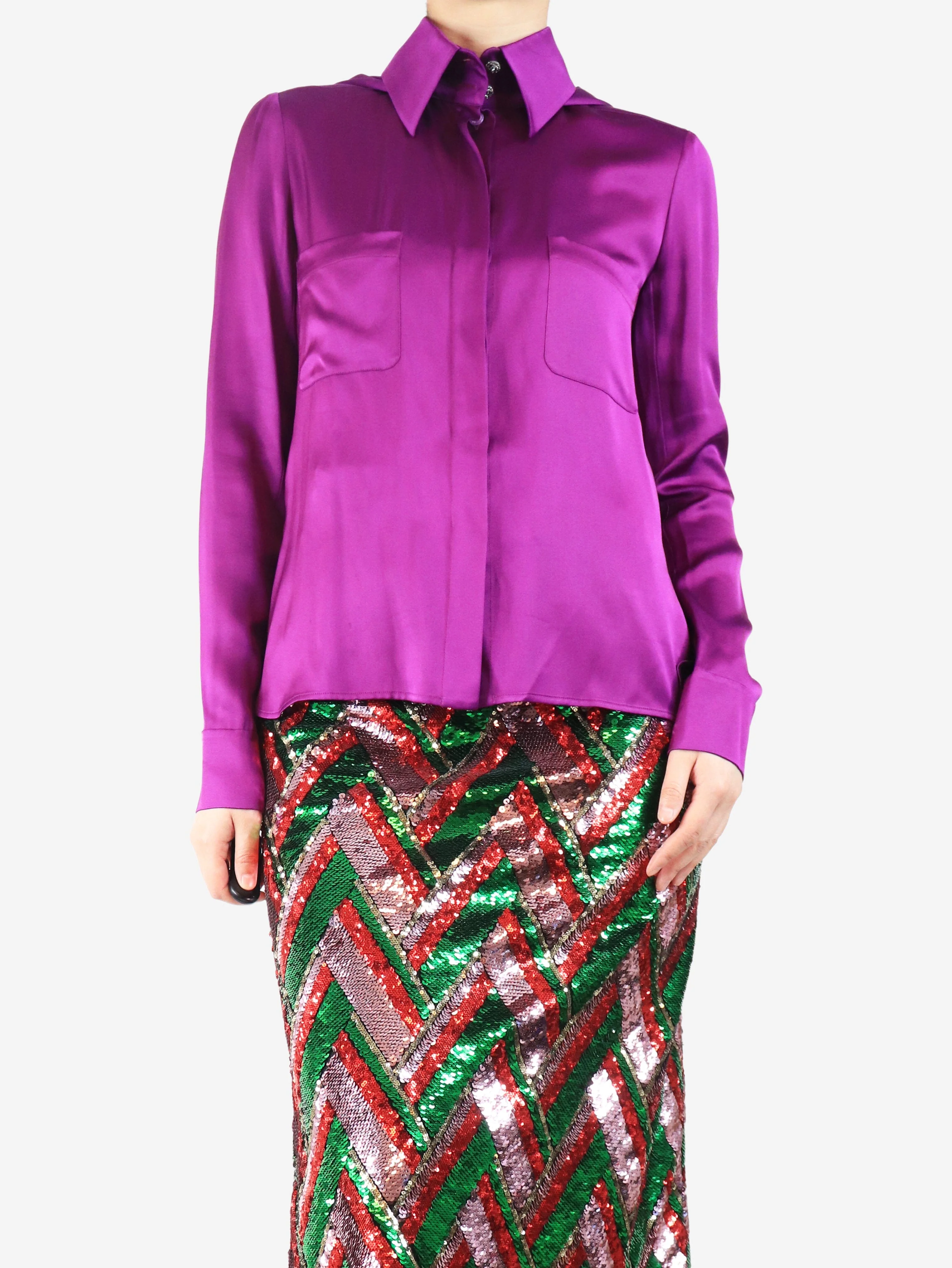 Purple silk button-up blouse - size UK 10