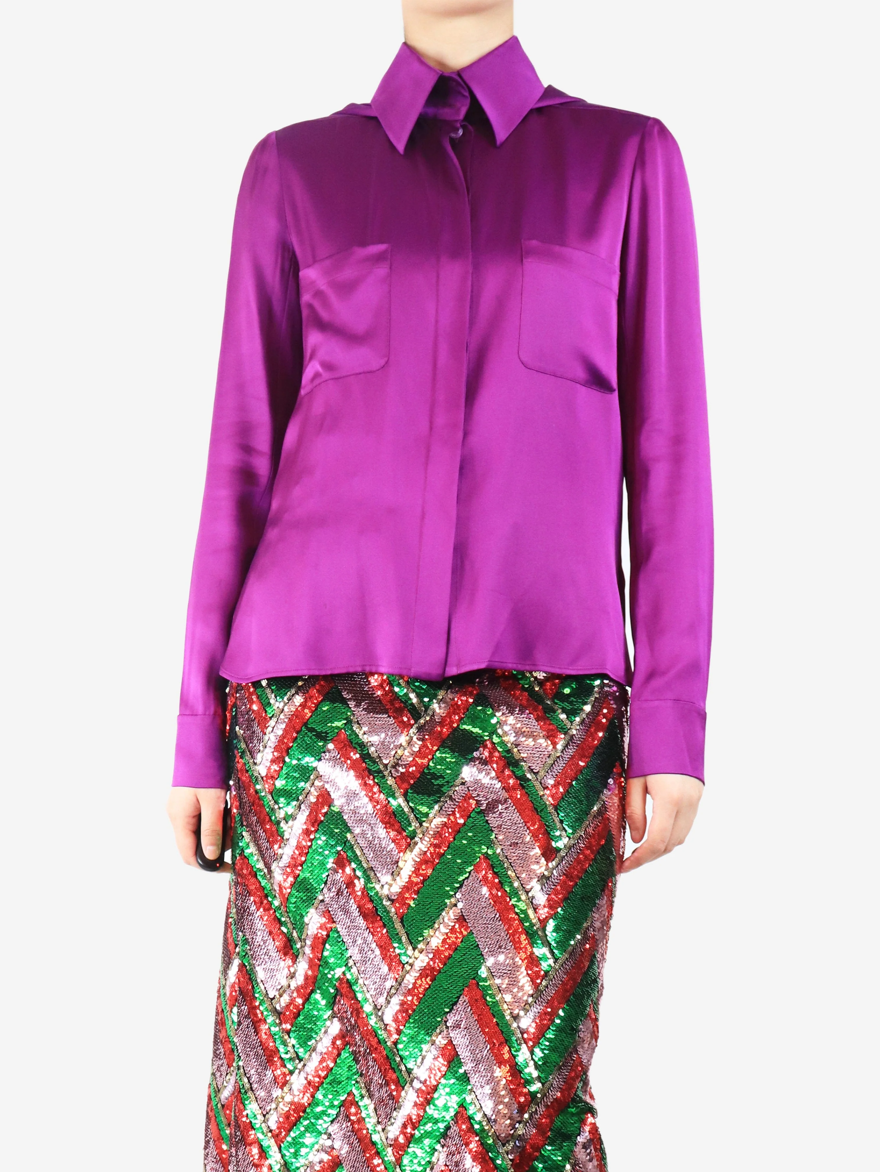 Purple silk button-up blouse - size UK 10 - Image 3