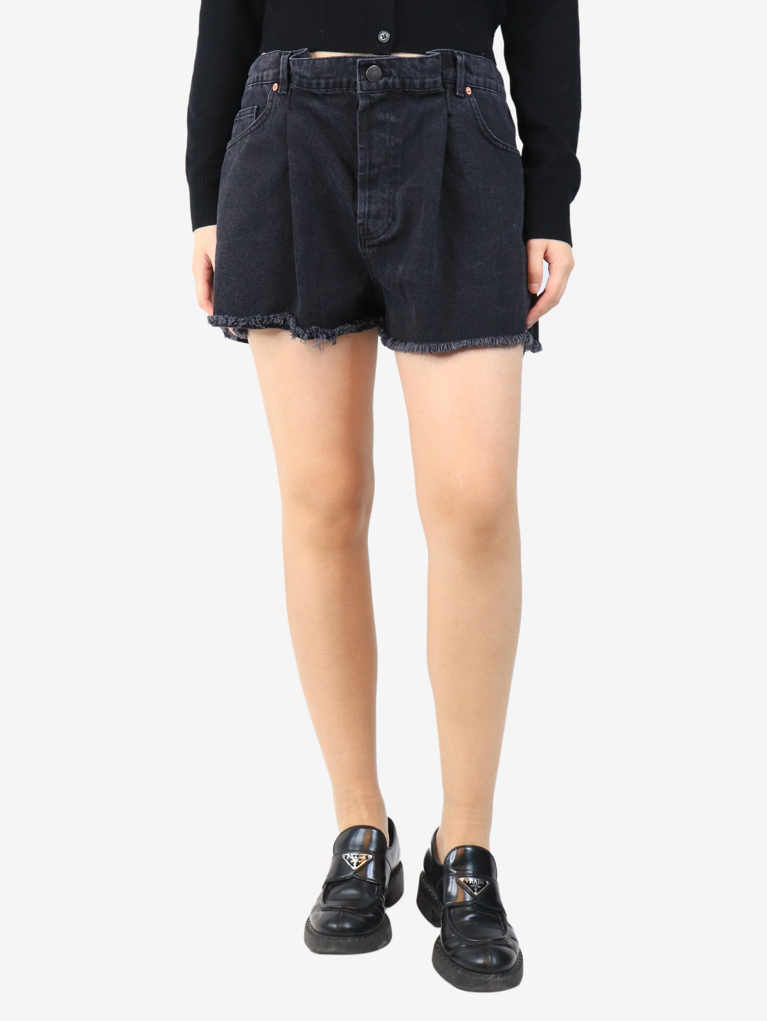 Black frayed denim mini shorts - size UK 12