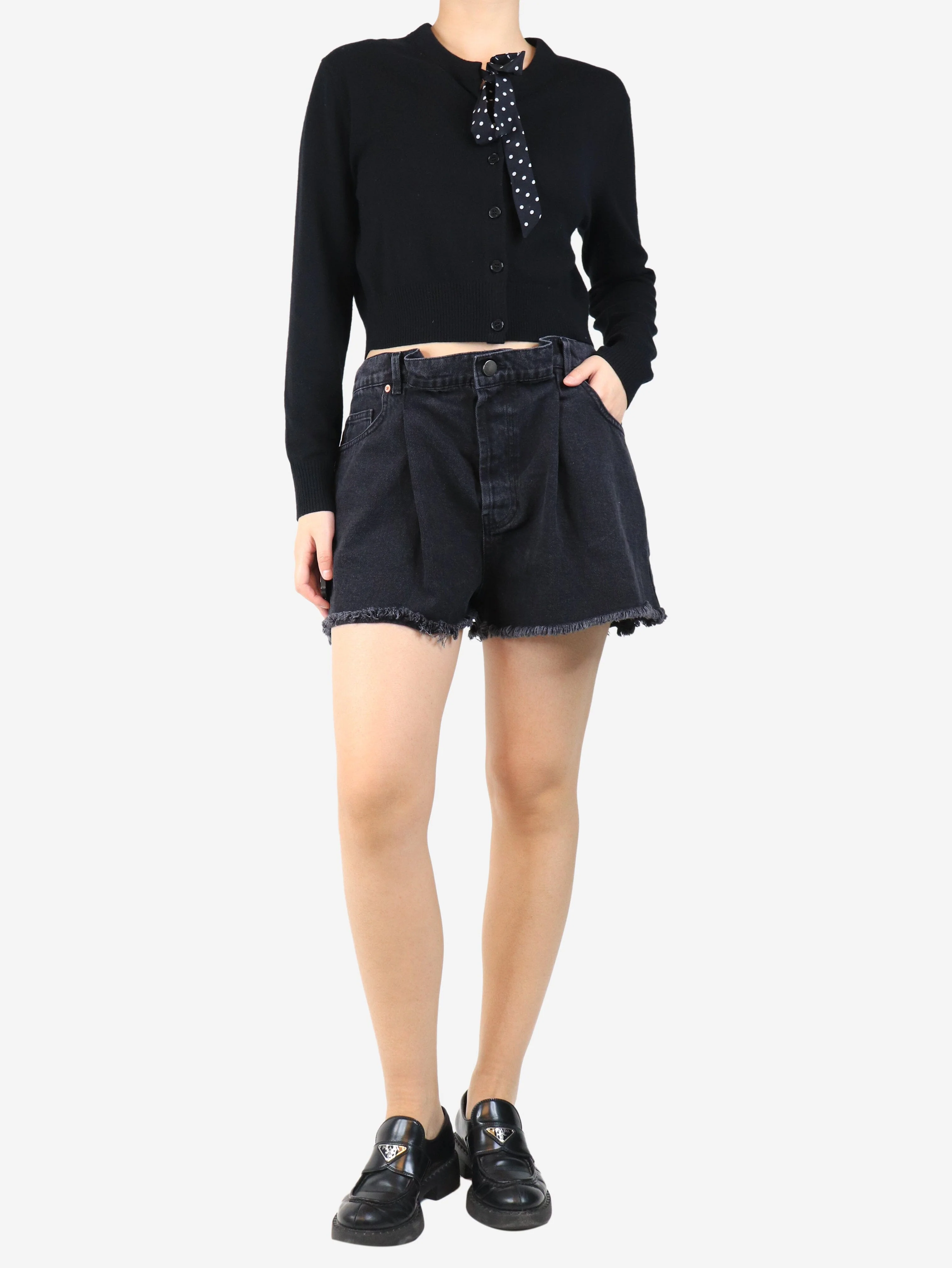 Black frayed denim mini shorts - size UK 12 - Image 2