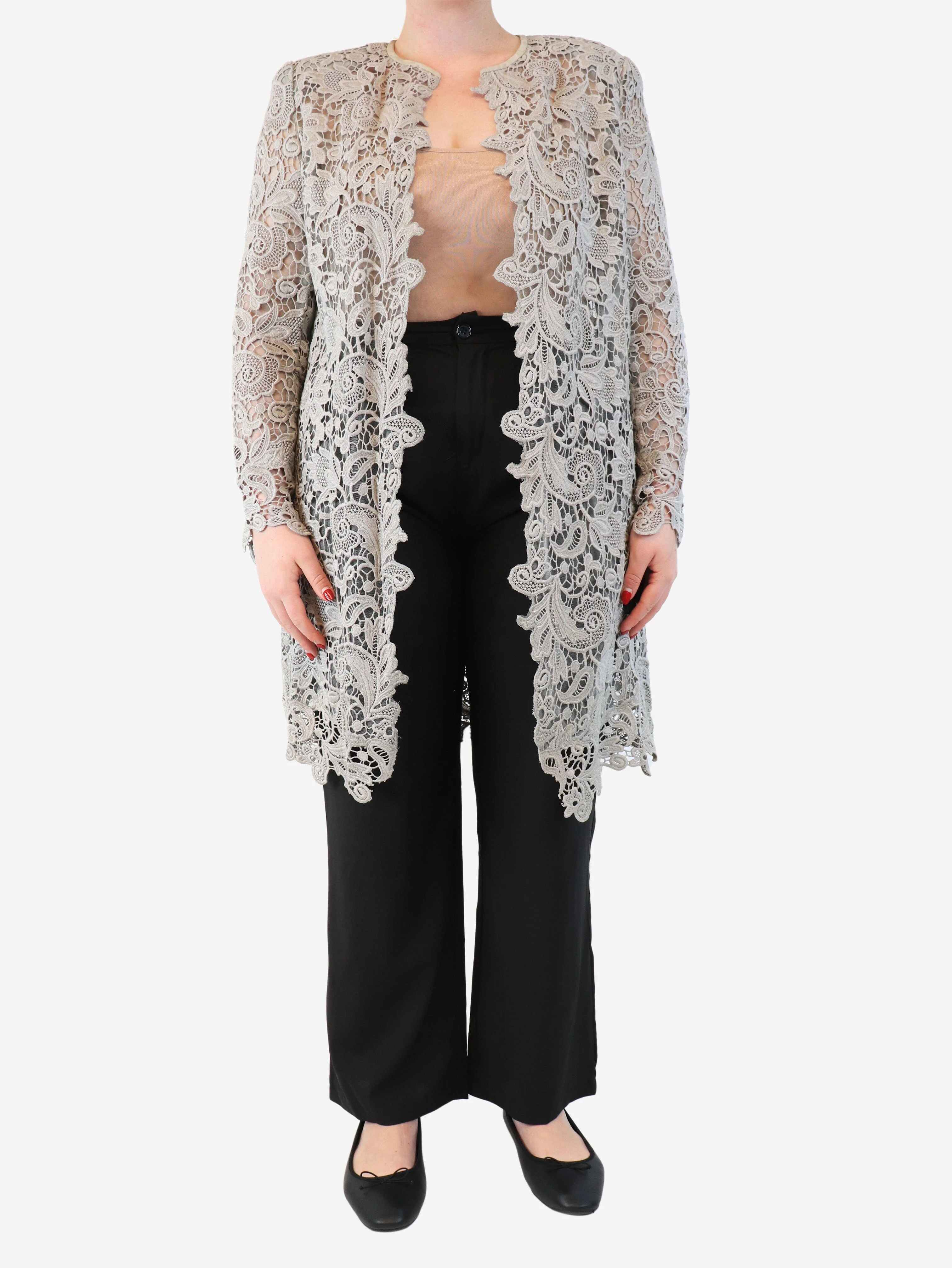 Grey lace embroidered coat - size UK 14