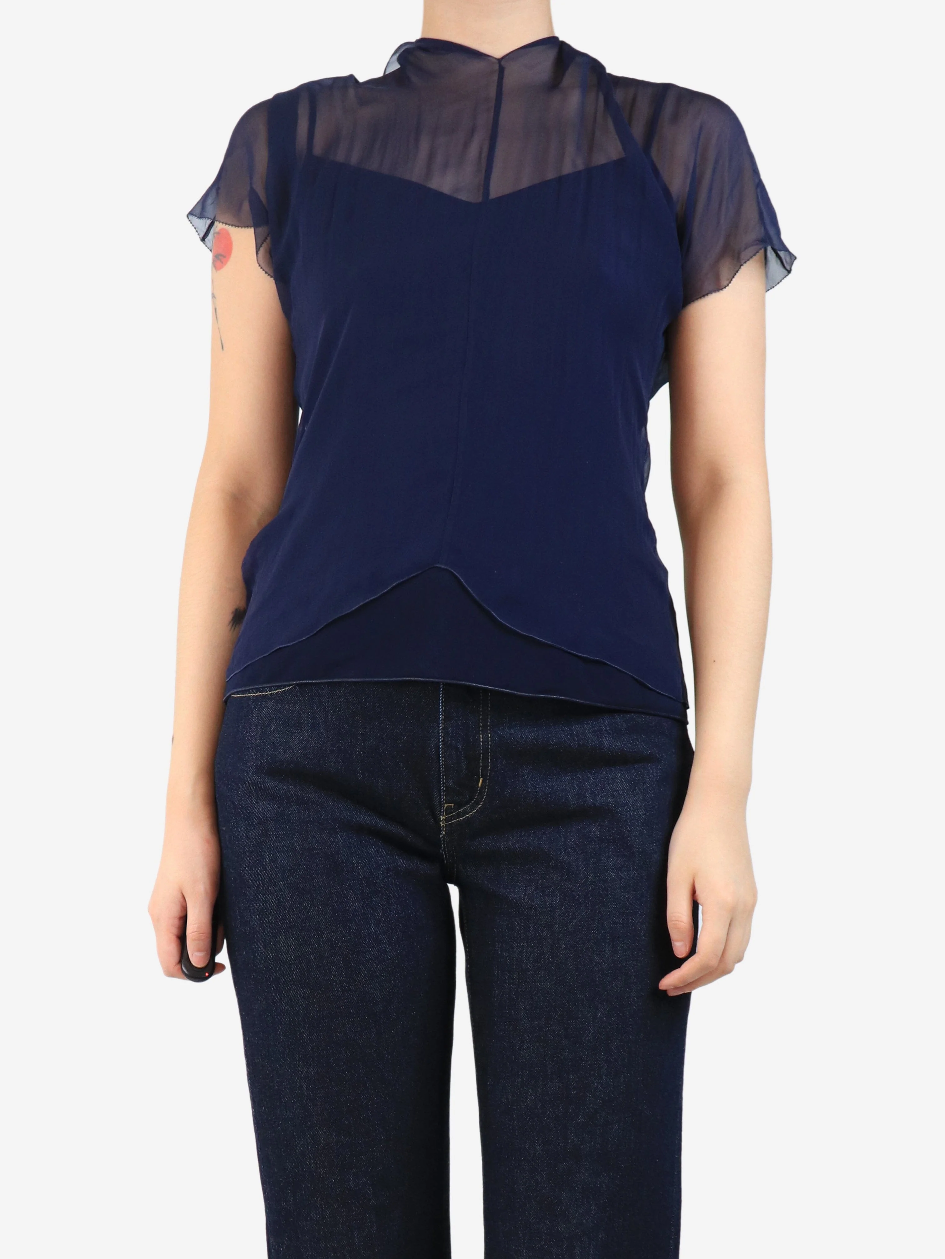 Navy silk frill top - size UK 8