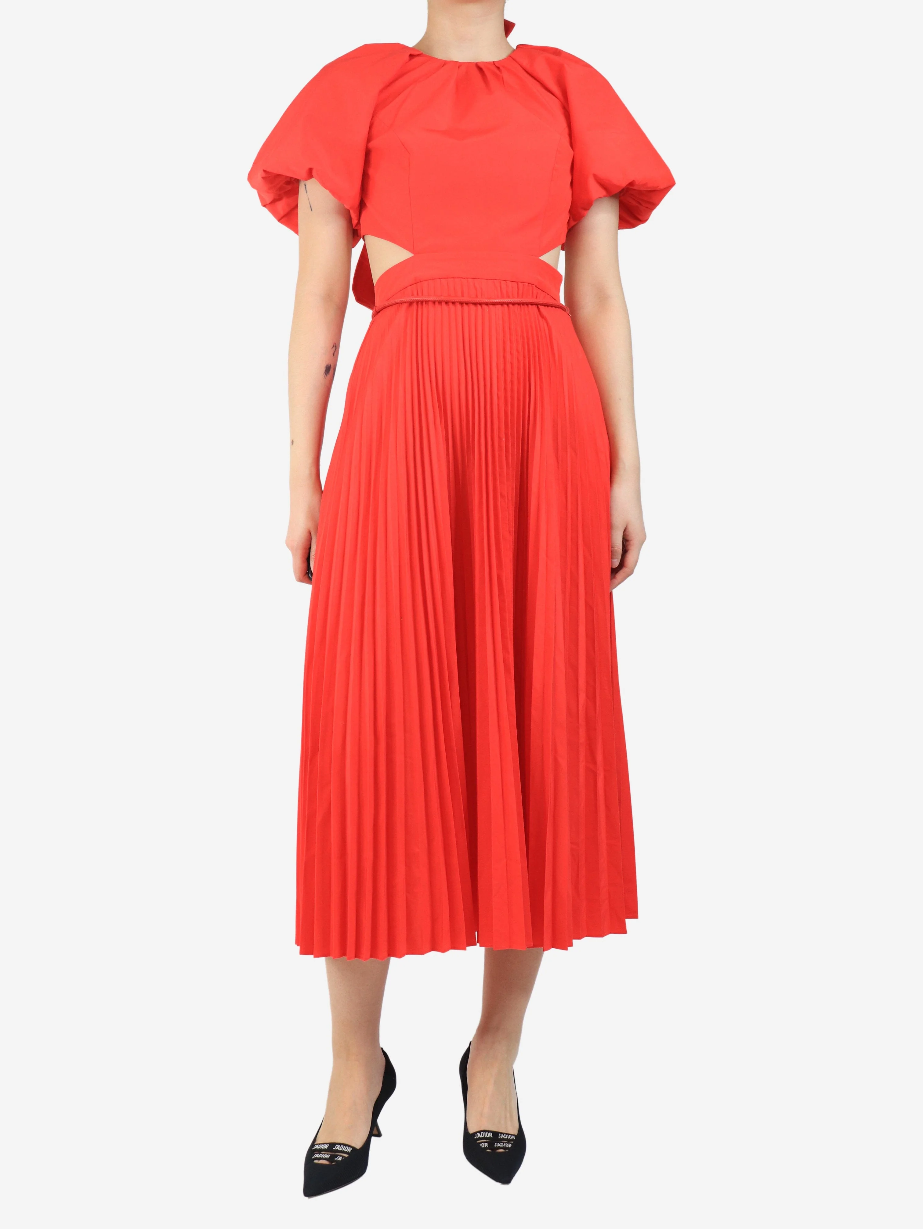 Red pleated dress with belt - size UK 8 - Image 3