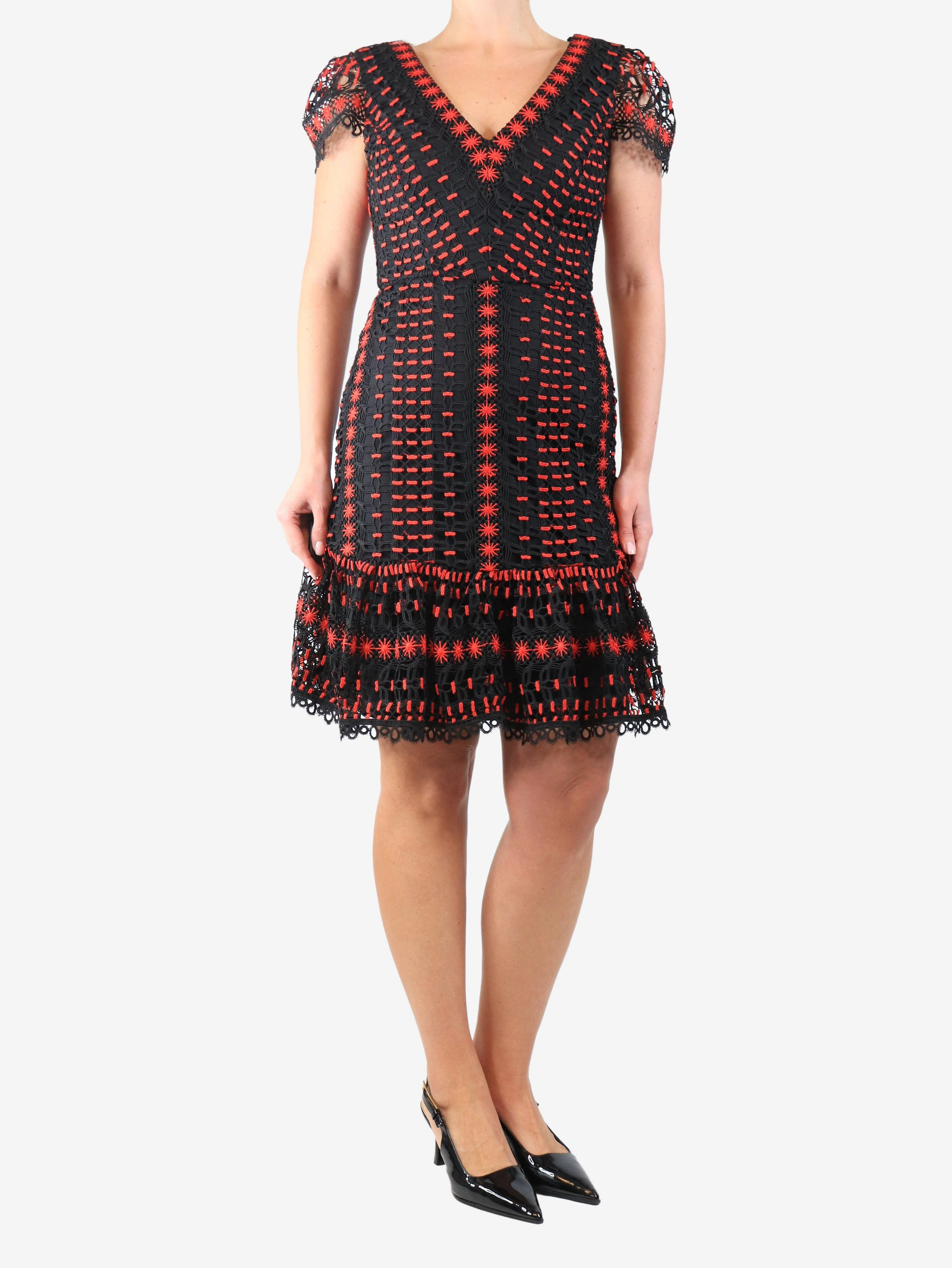 Red and black lace midi dress - size