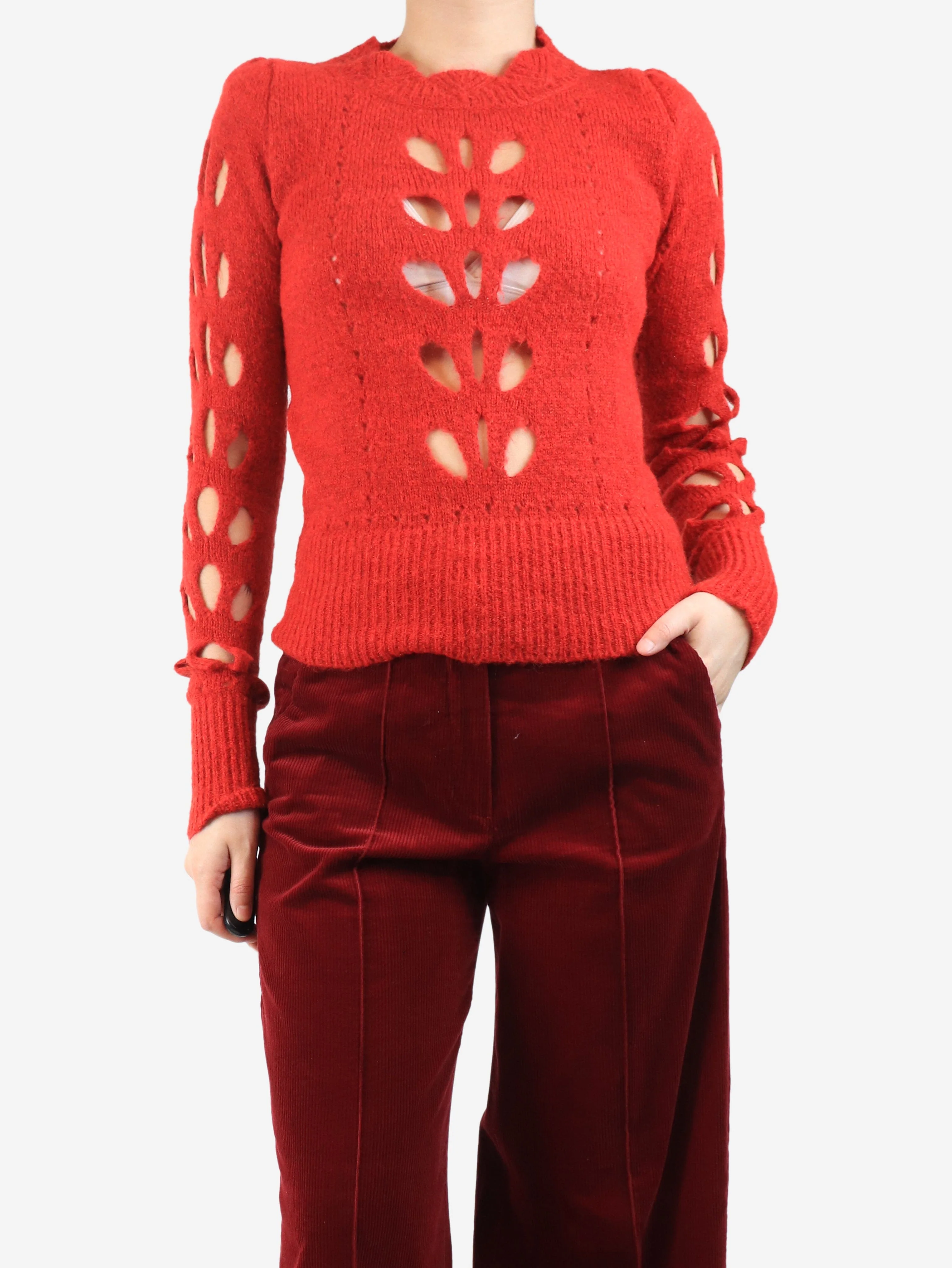 Red cut-out detail knit top - size UK 10