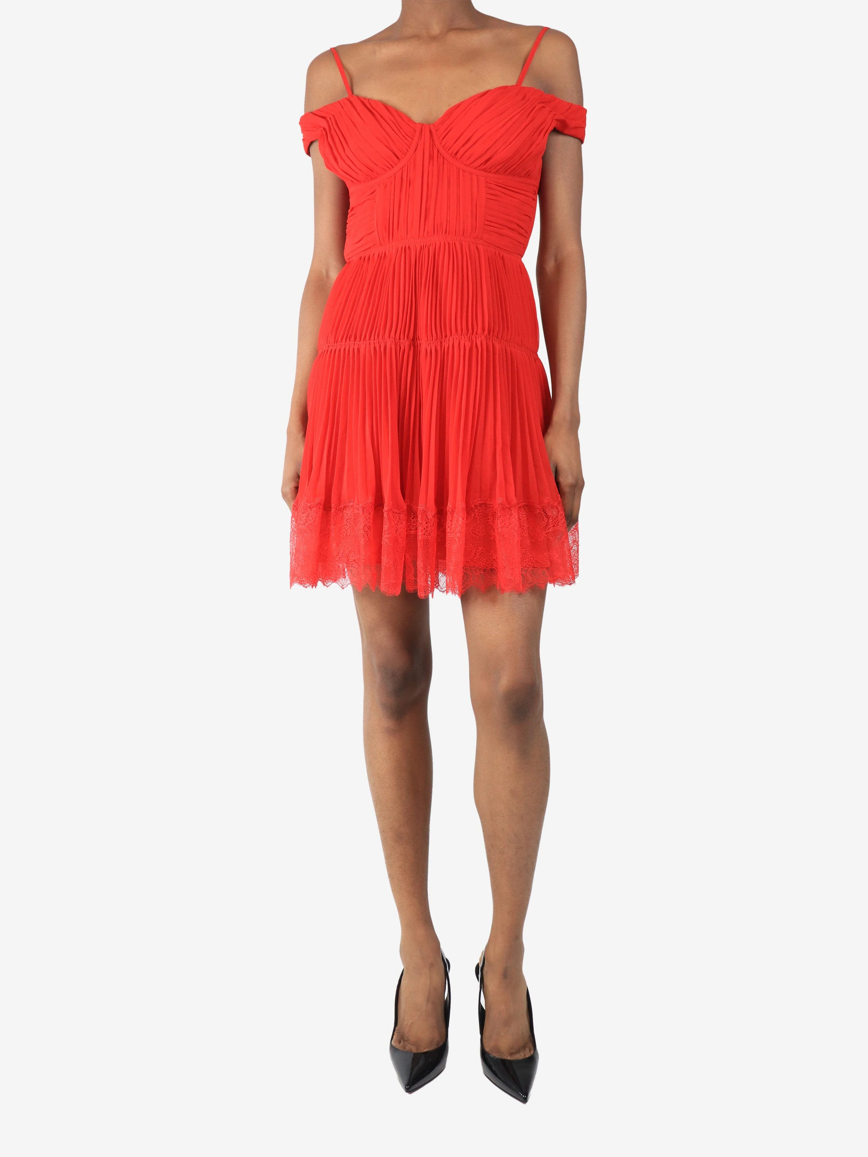 Red pleated lace mini dress - size UK 8