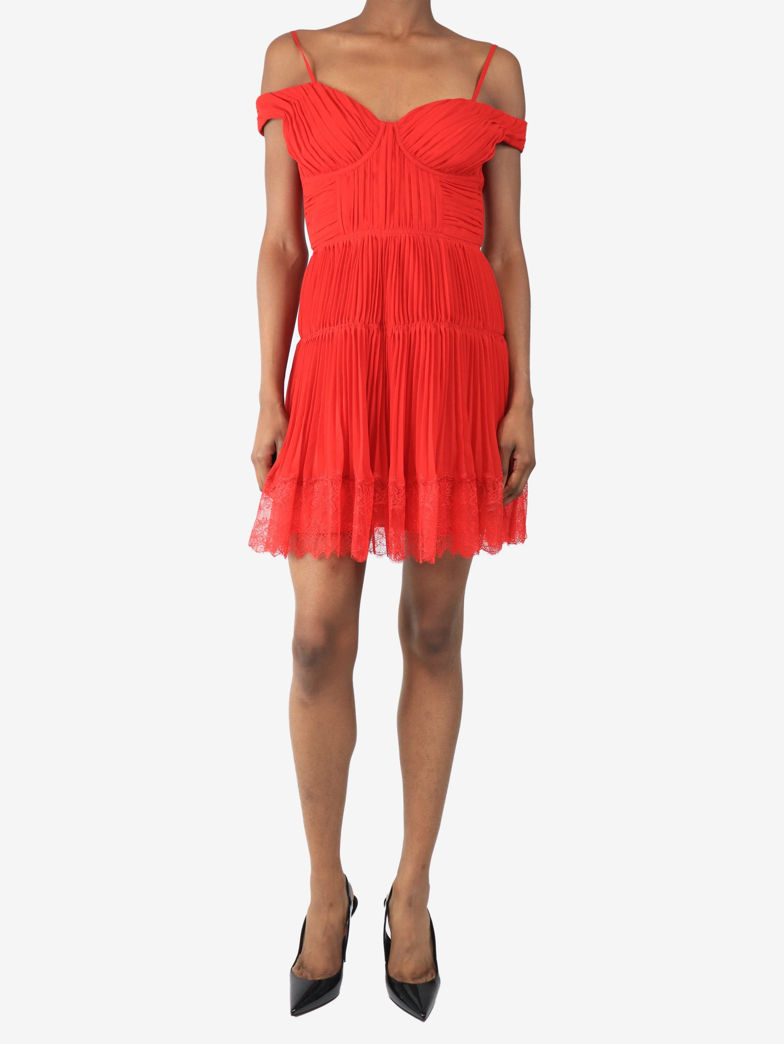 Red pleated lace mini dress - size UK 8 - Image 3