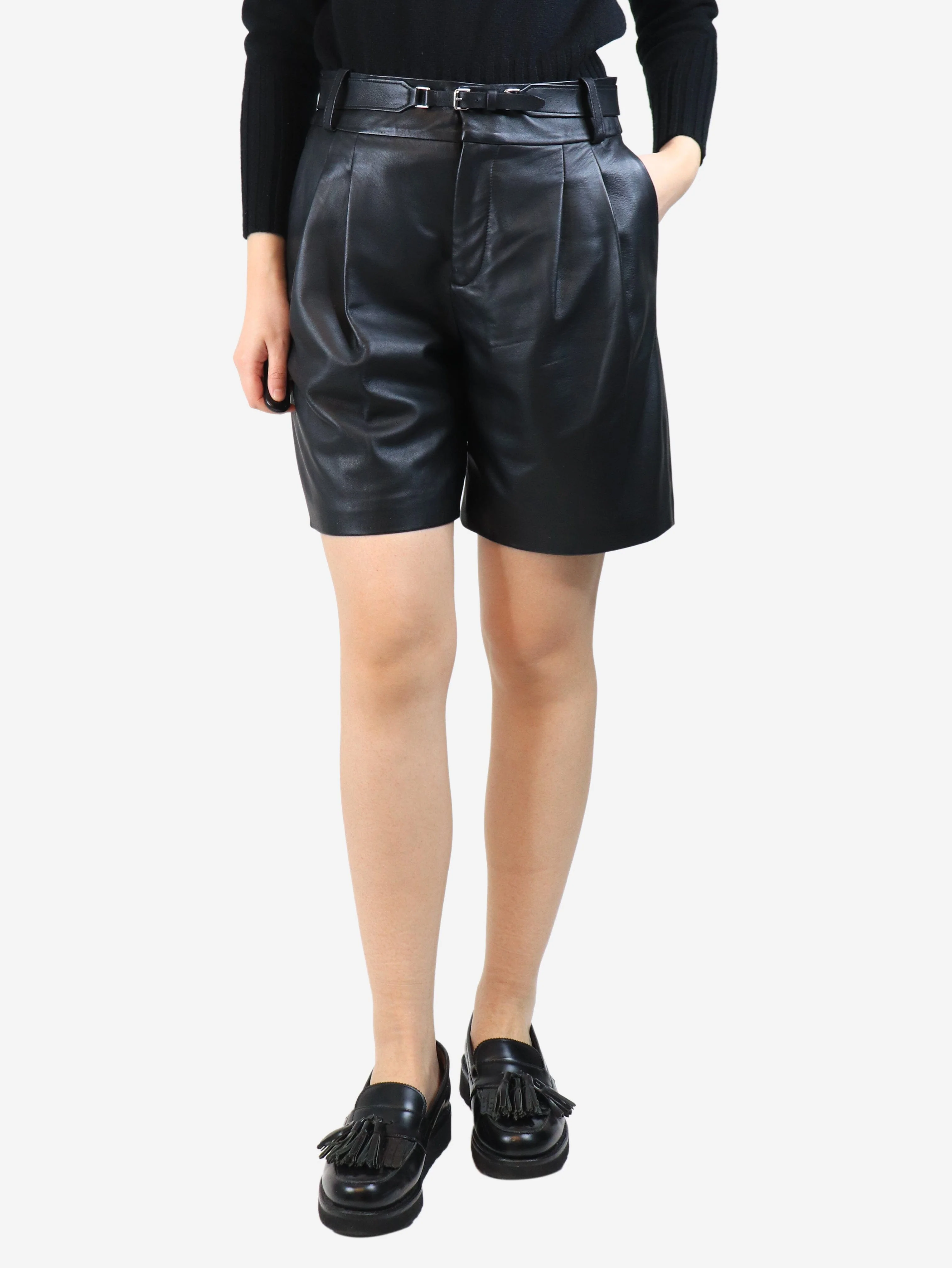 Black belted leather shorts - size UK 12