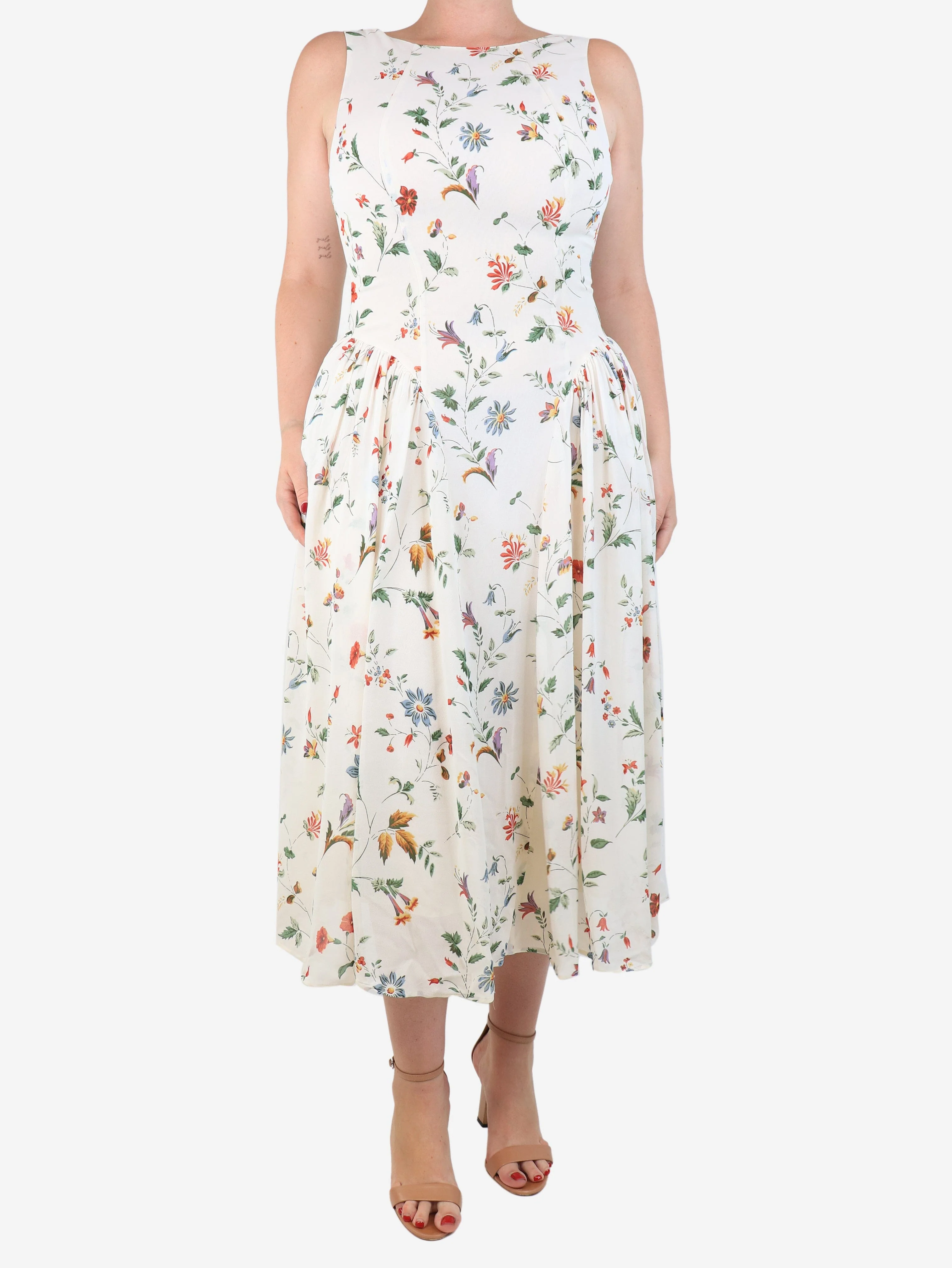 Cream sleeveless floral crepe midi dress - size UK 12