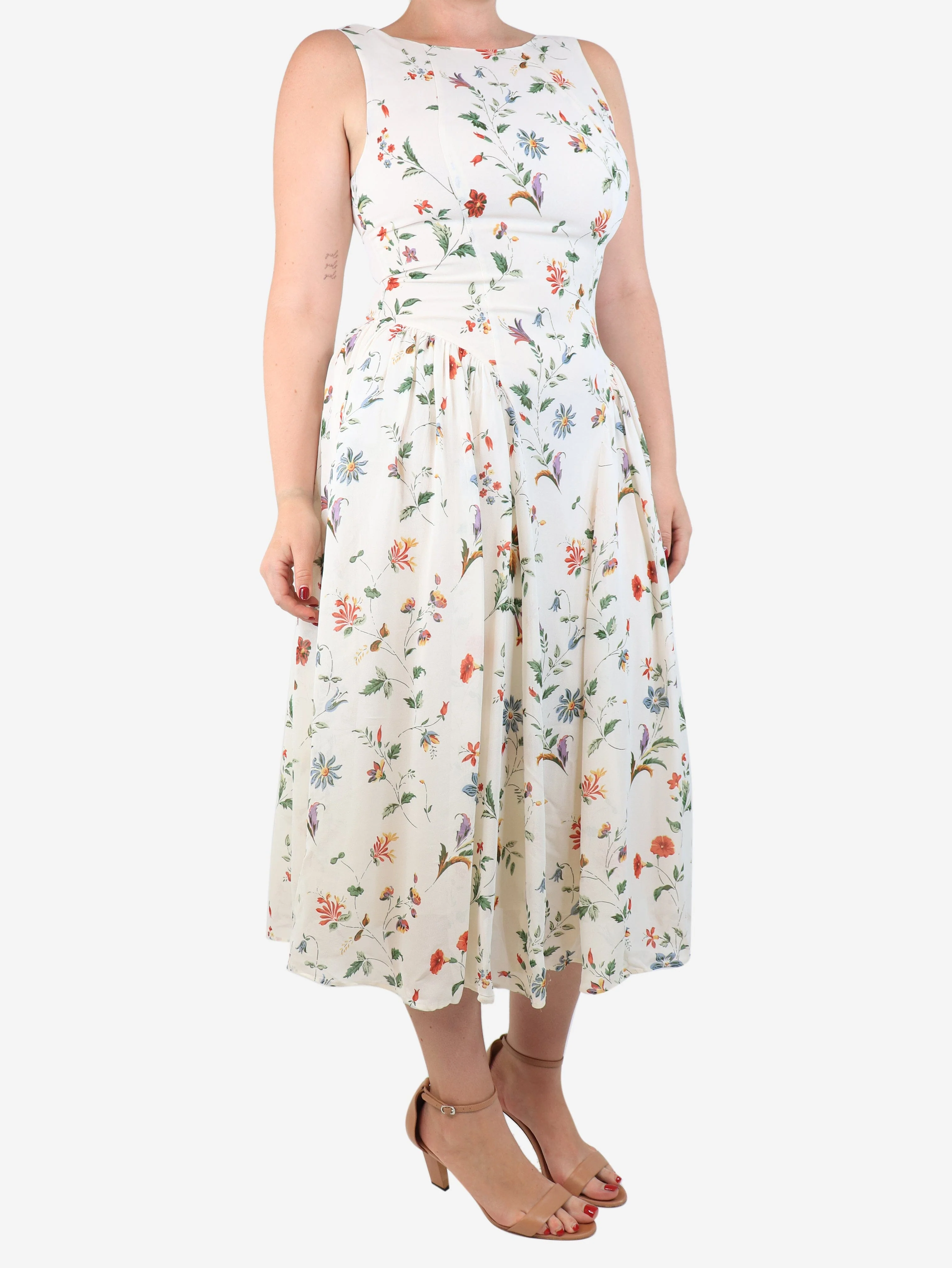 Cream sleeveless floral crepe midi dress - size UK 12 - Image 3