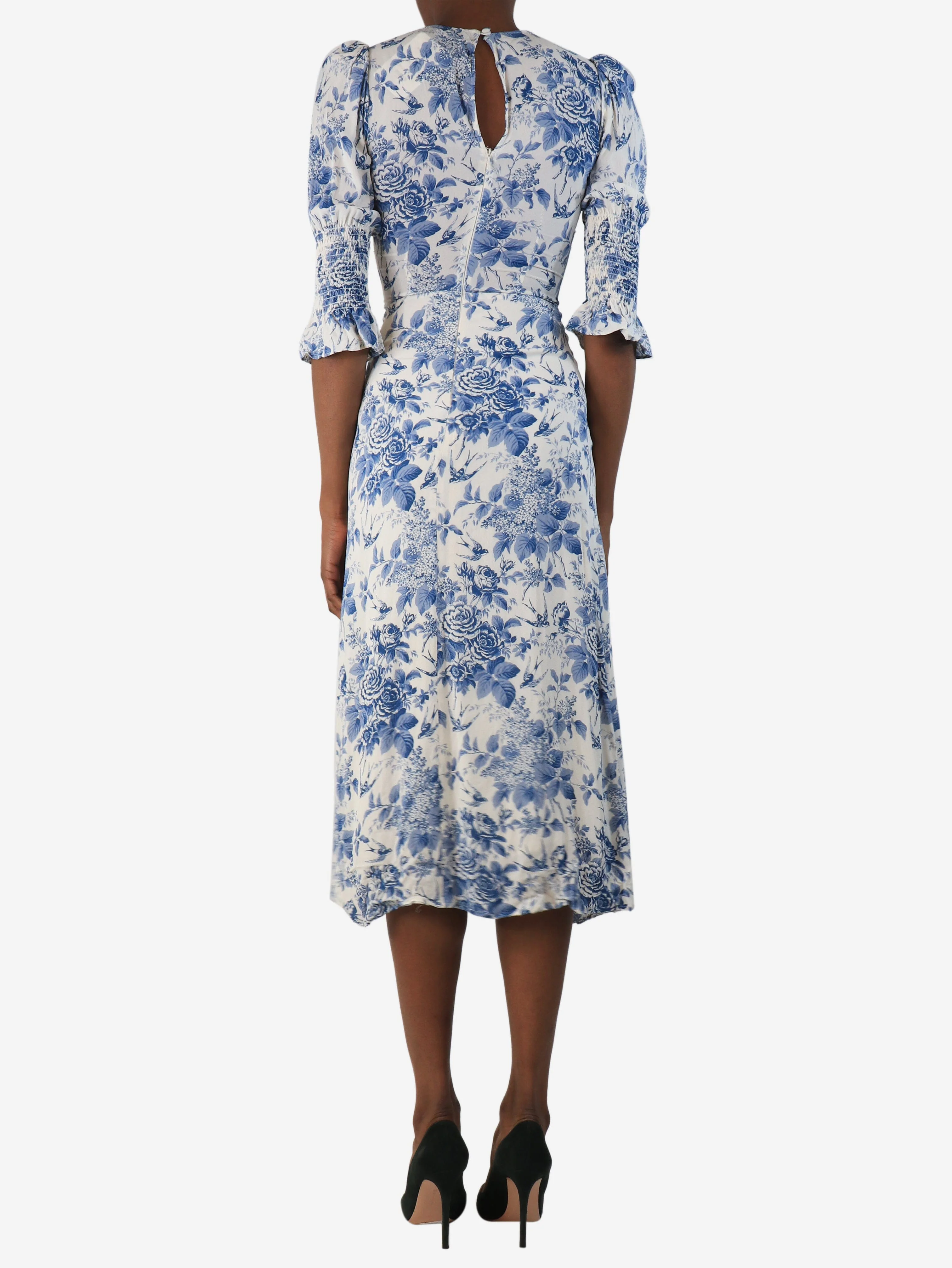 White and blue floral printed midi dress - size UK 4 - Image 2
