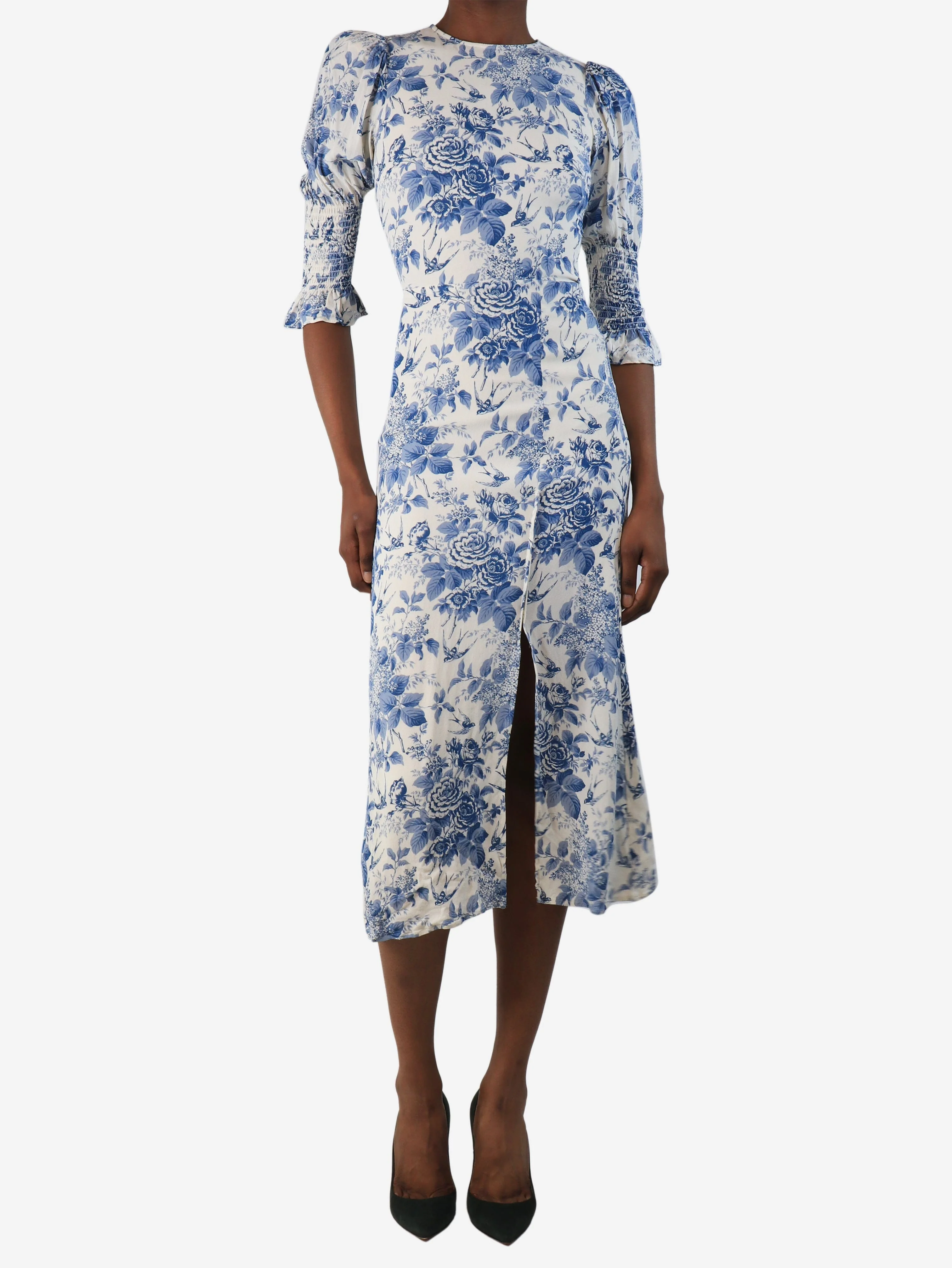 White and blue floral printed midi dress - size UK 4 - Image 3