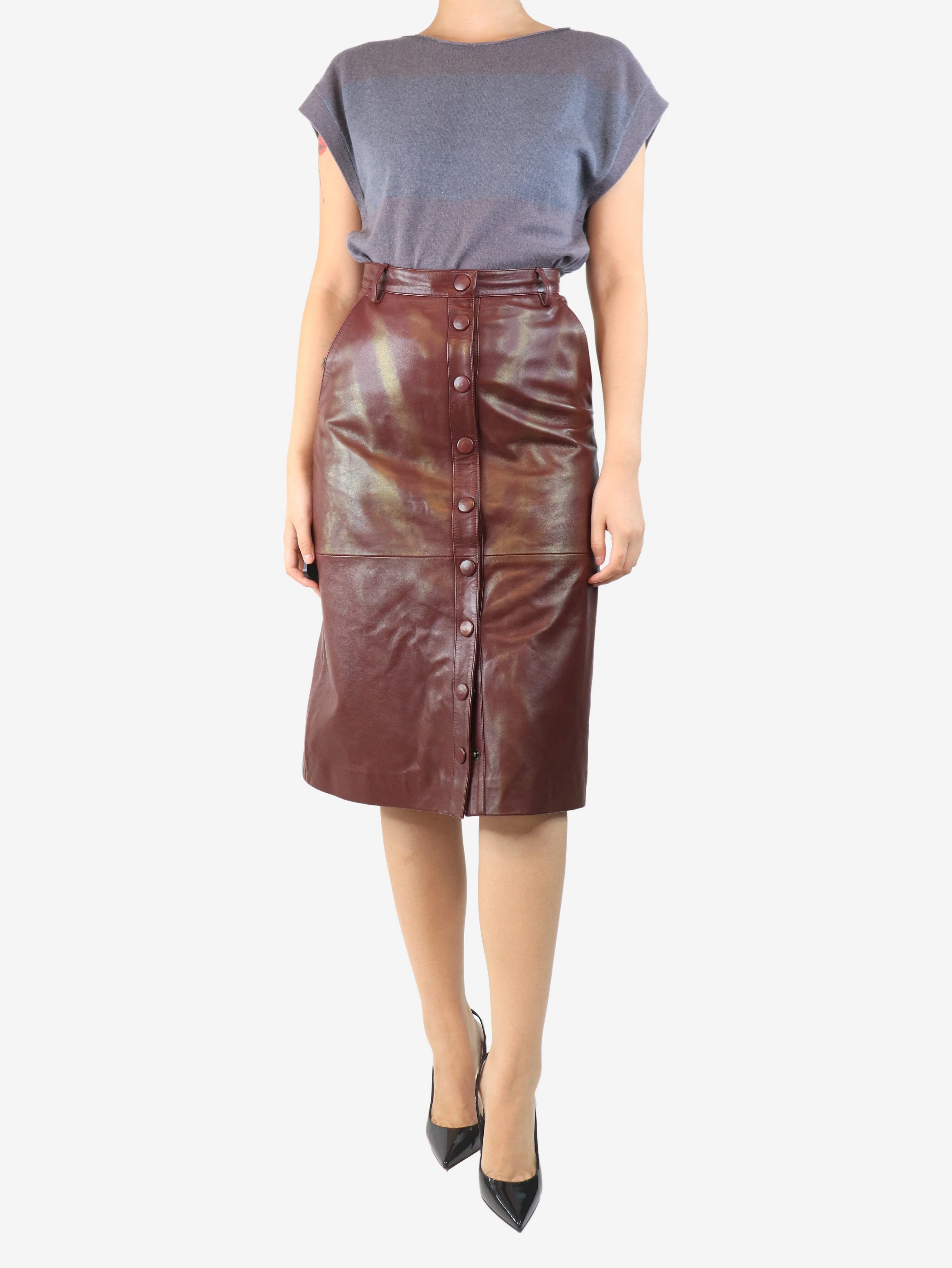 Burgundy leather button-front midi skirt - size UK 10 - Image 2