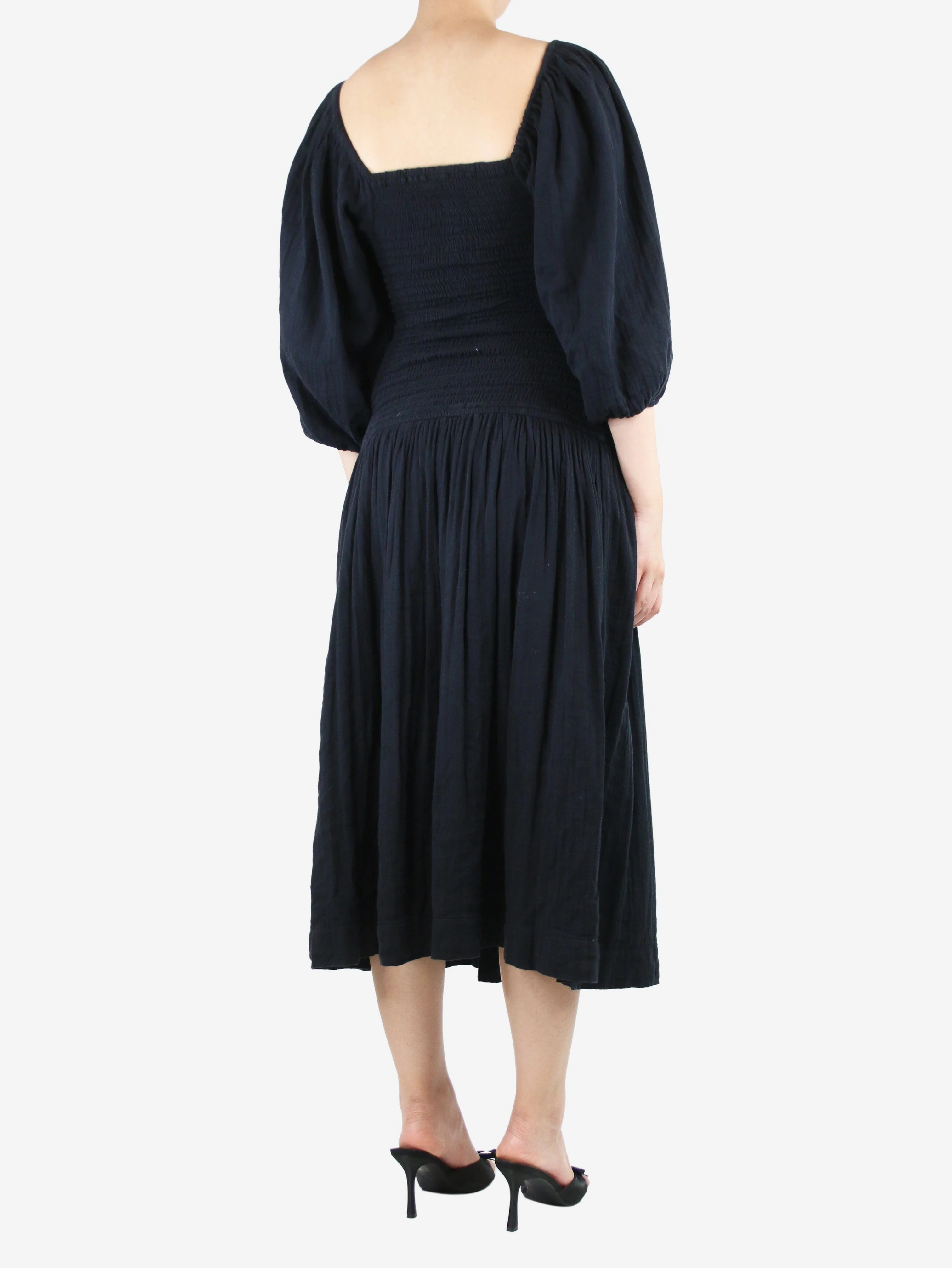 Black puff-sleeved shirred midi dress - size M - Image 2