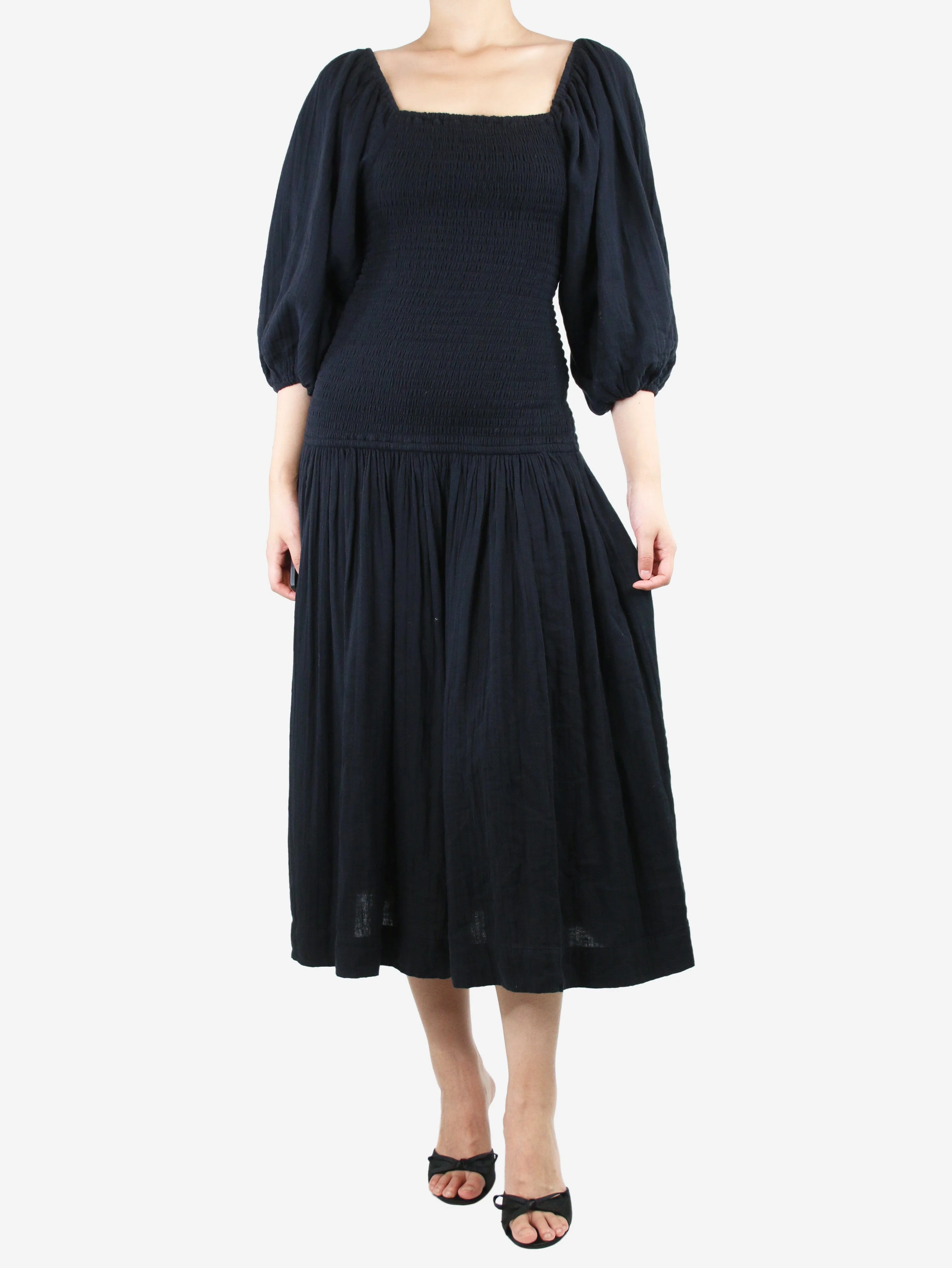 Black puff-sleeved shirred midi dress - size M - Image 3