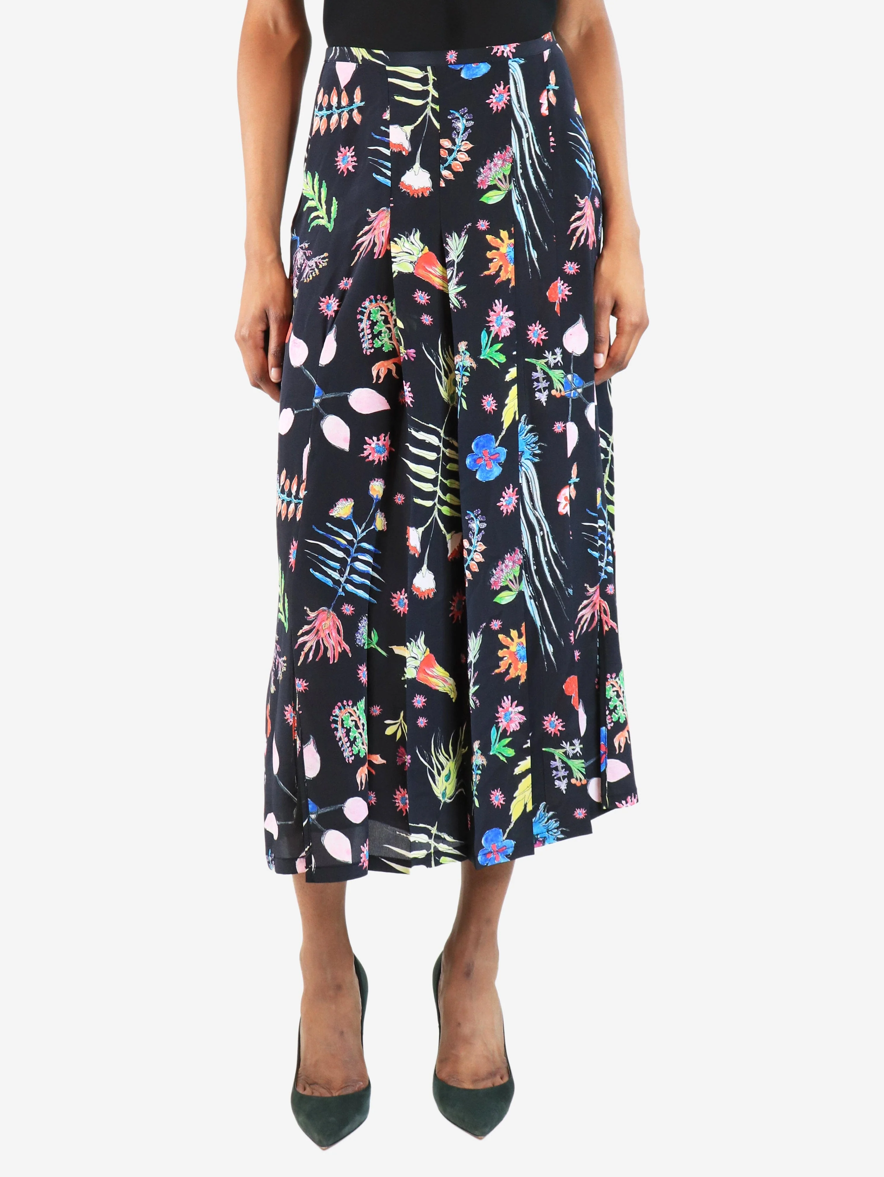 Black floral pleated midi skirt - size S