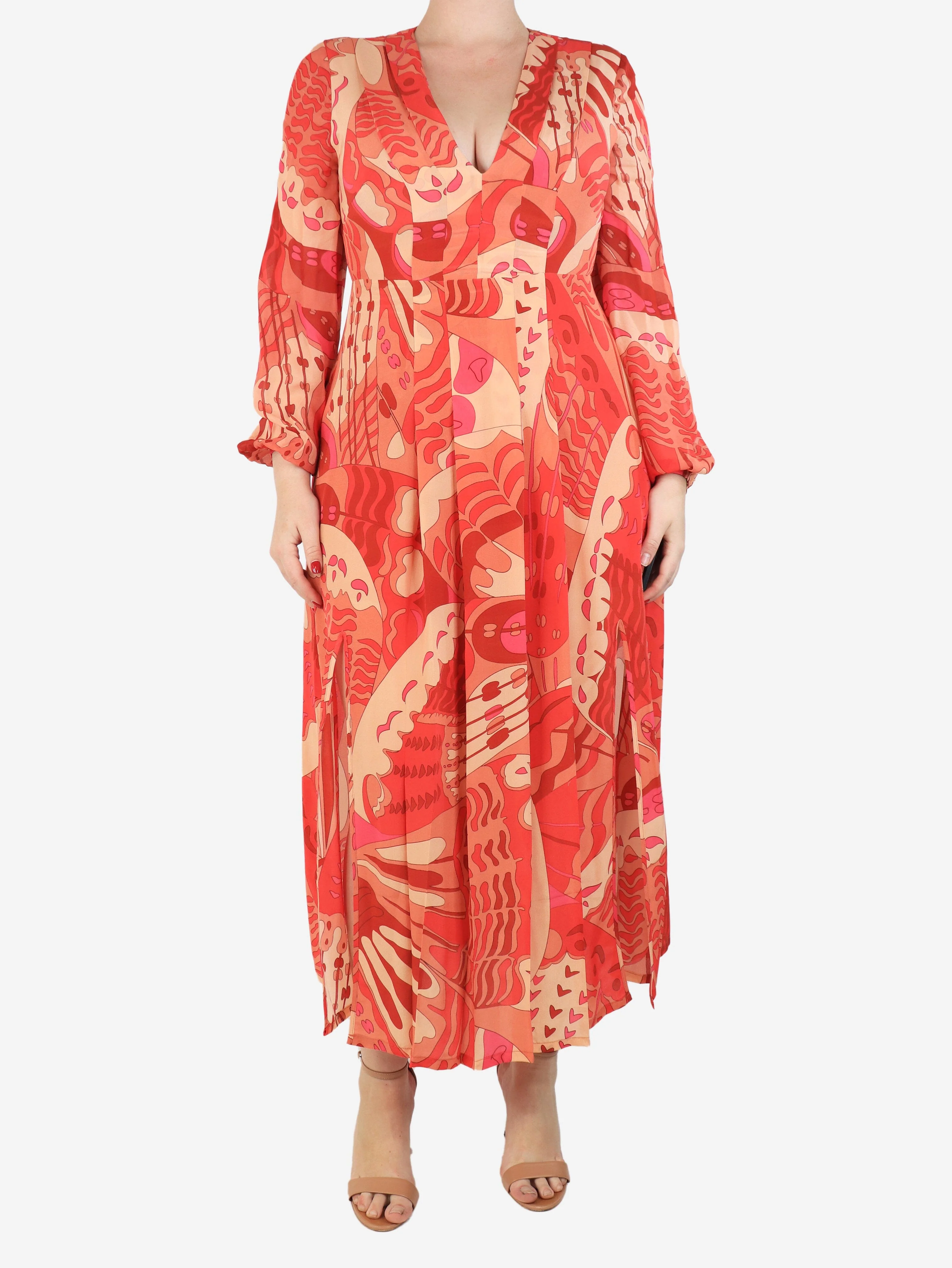 Orange printed V-neck silk dress - size UK 12