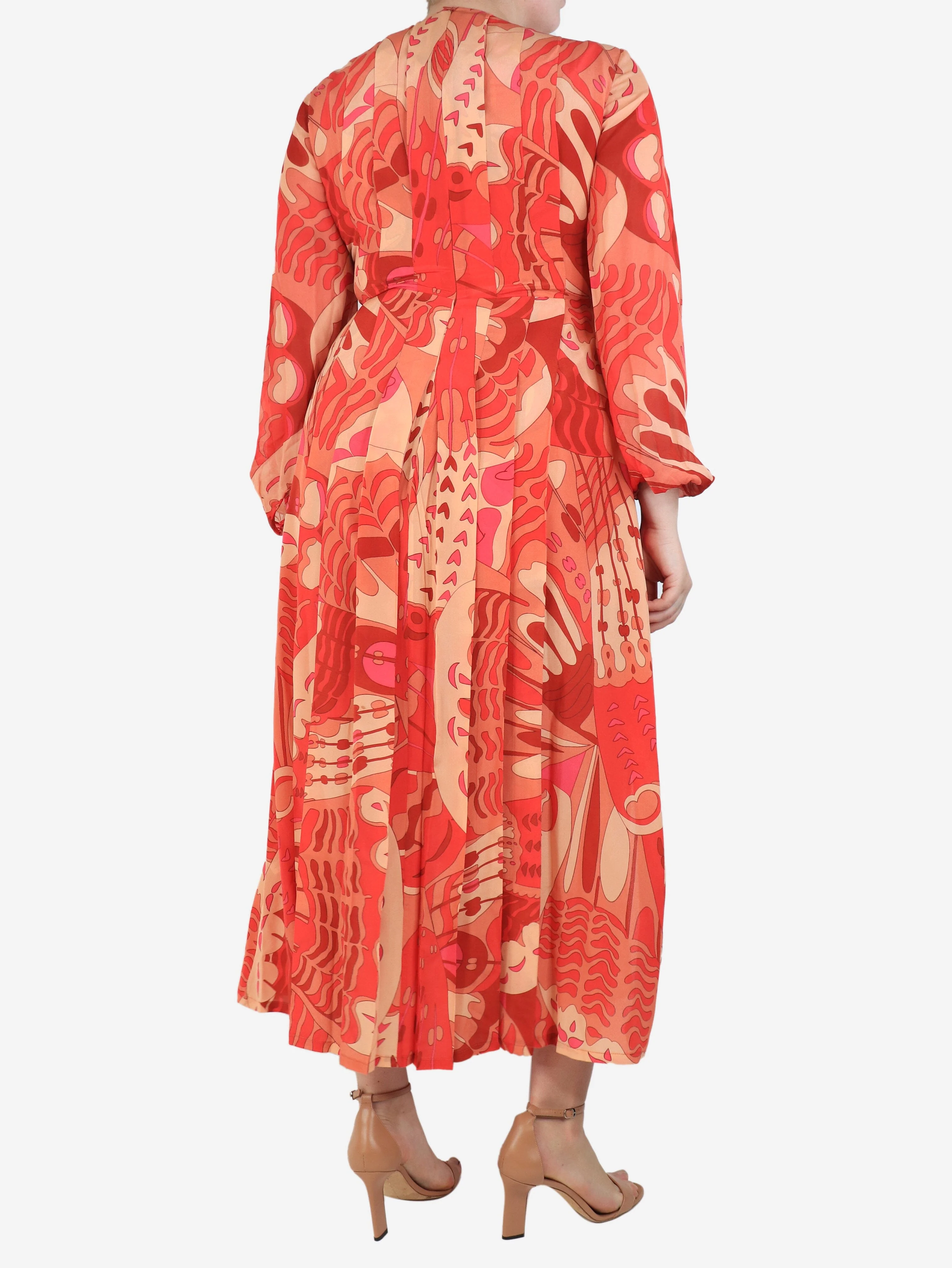 Orange printed V-neck silk dress - size UK 12 - Image 2