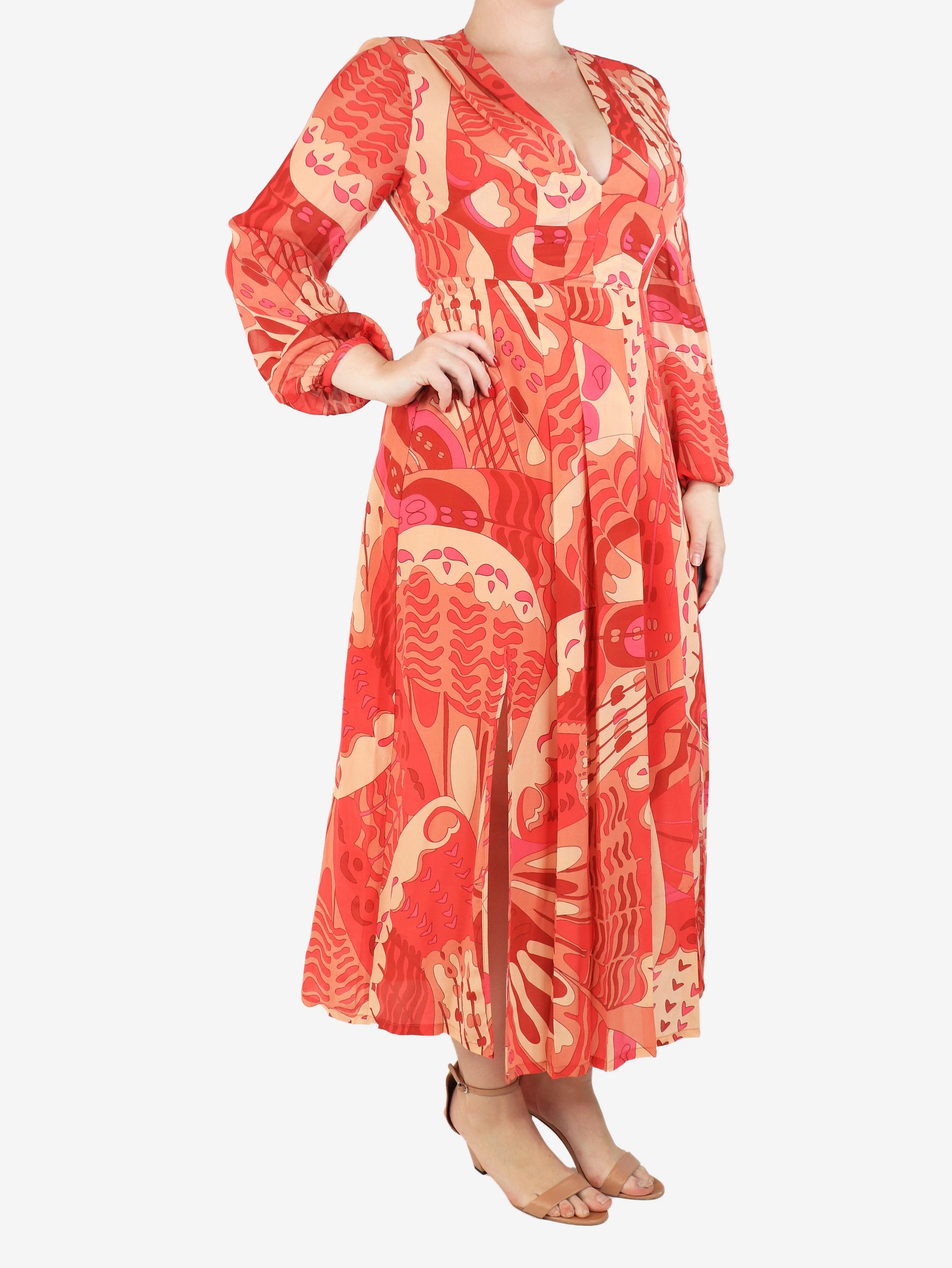 Orange printed V-neck silk dress - size UK 12 - Image 3