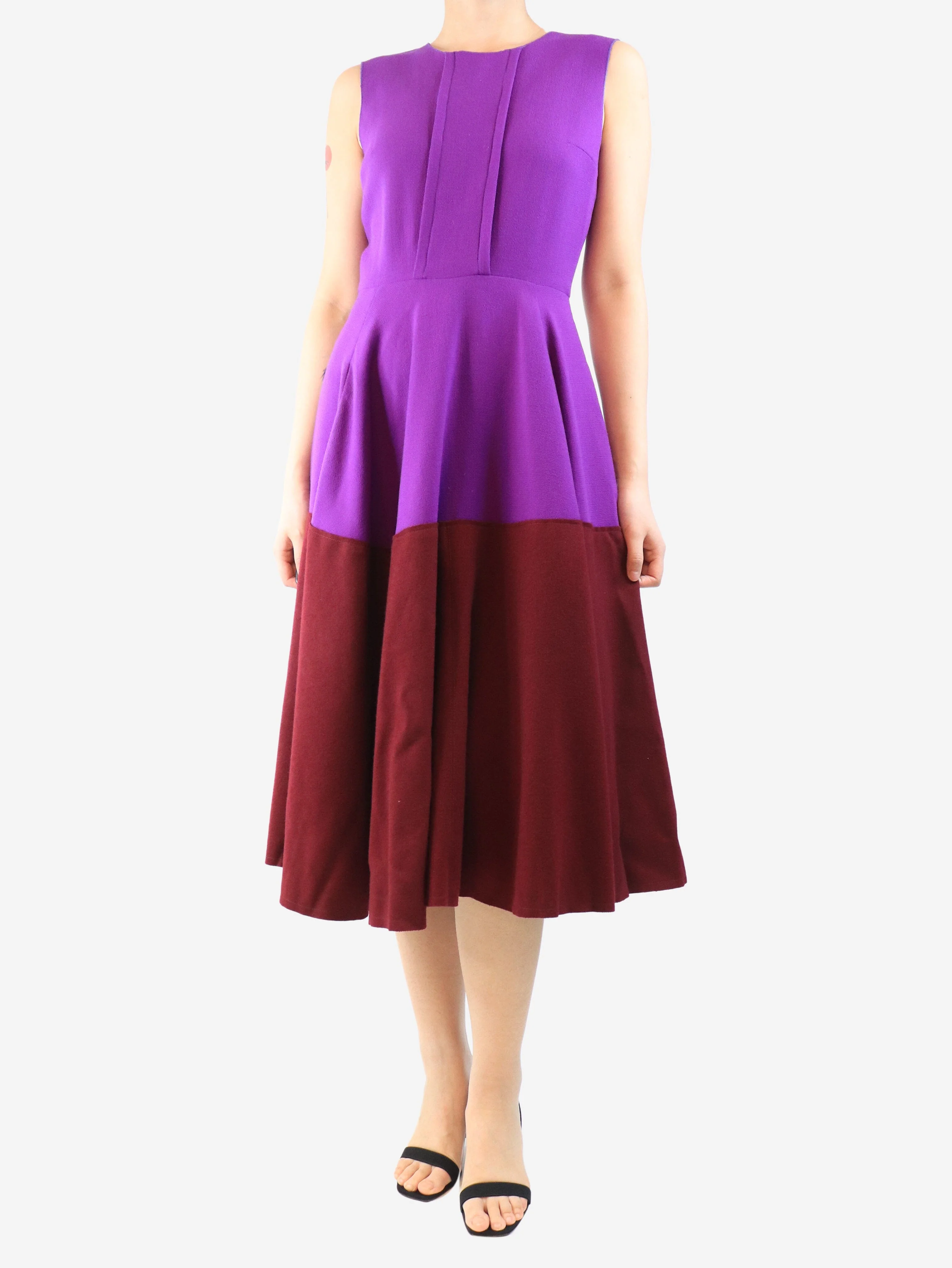Purple sleeveless crepe colourblock dress - size UK 10