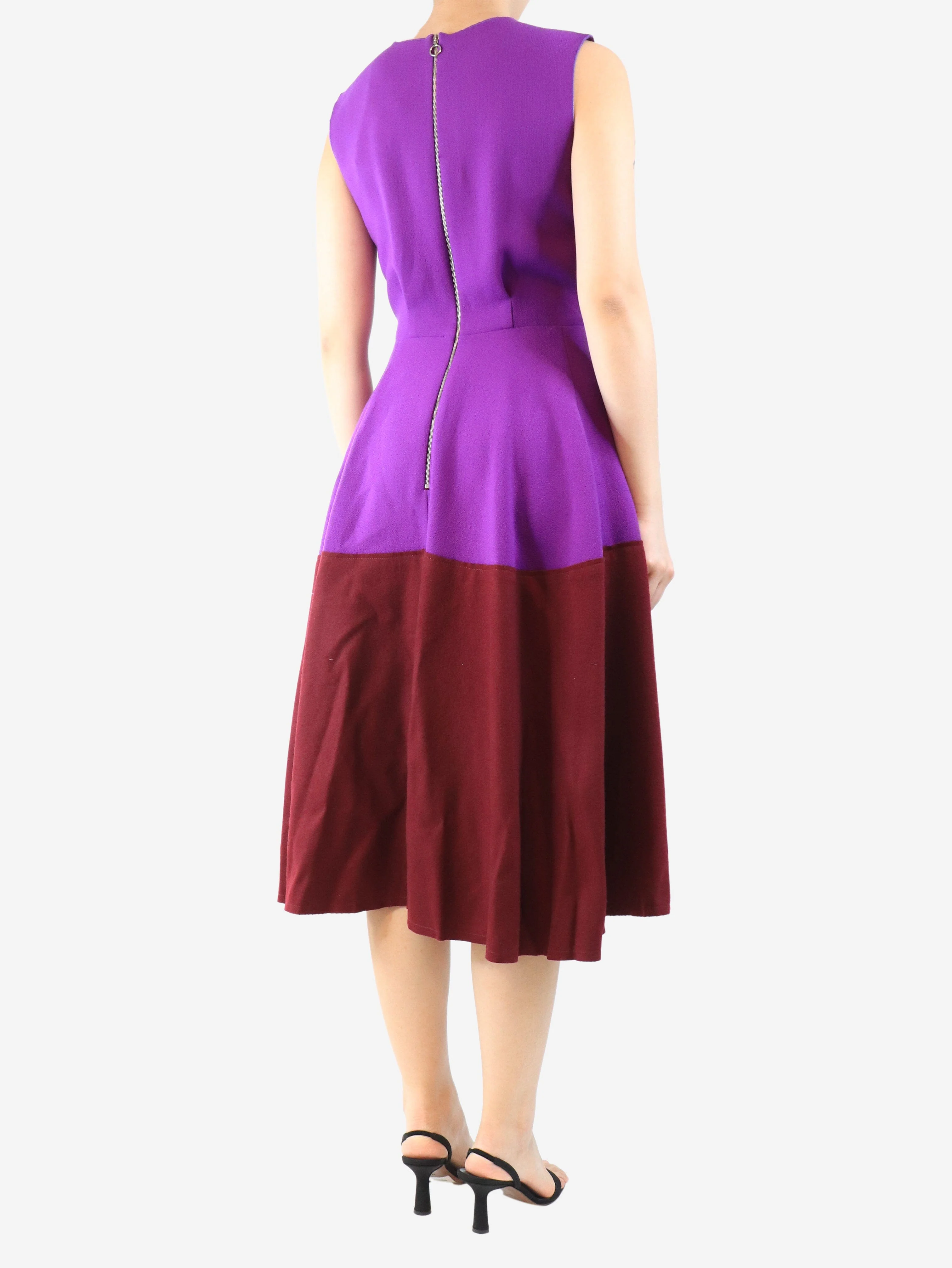 Purple sleeveless crepe colourblock dress - size UK 10 - Image 2