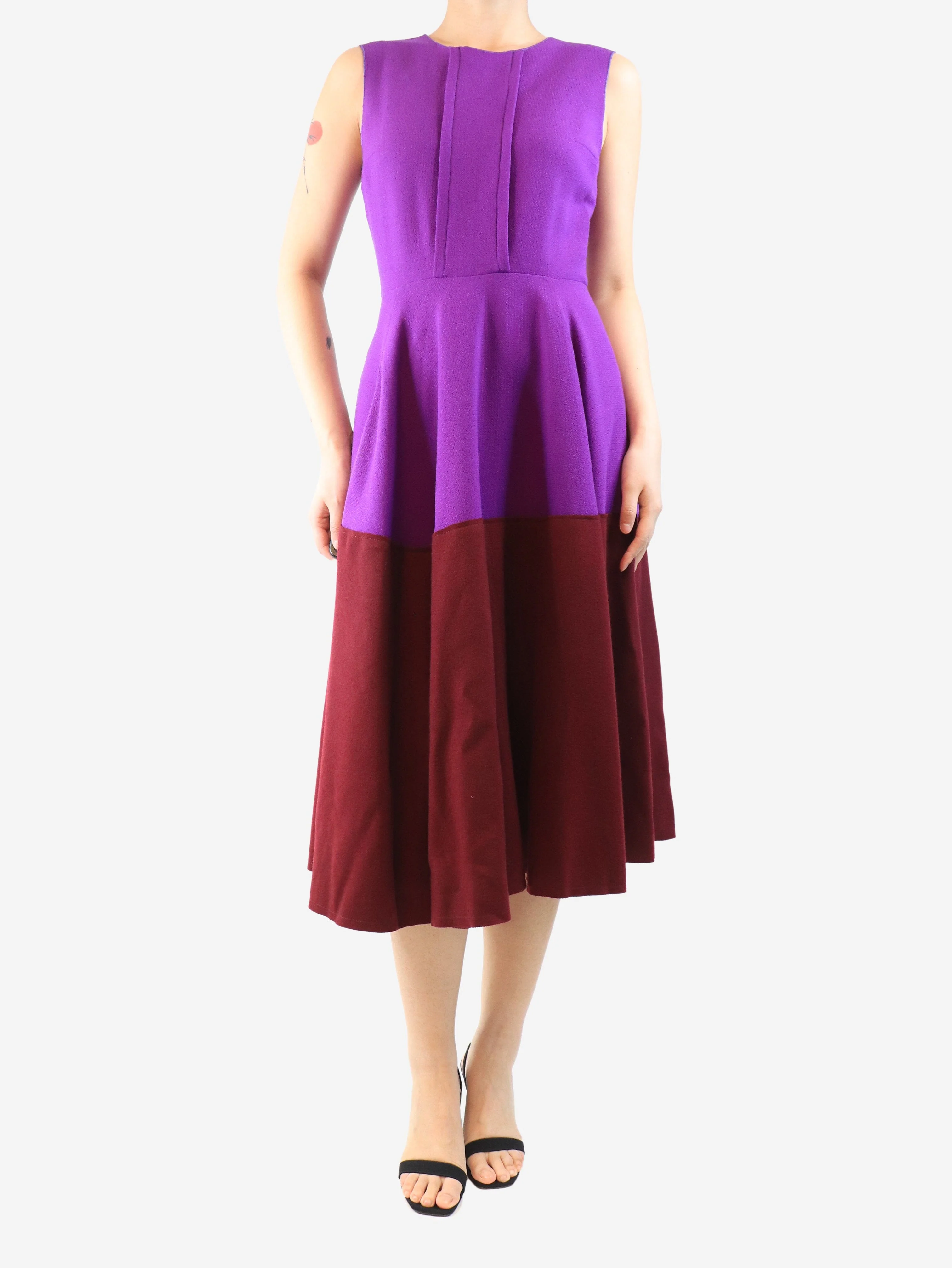 Purple sleeveless crepe colourblock dress - size UK 10 - Image 3
