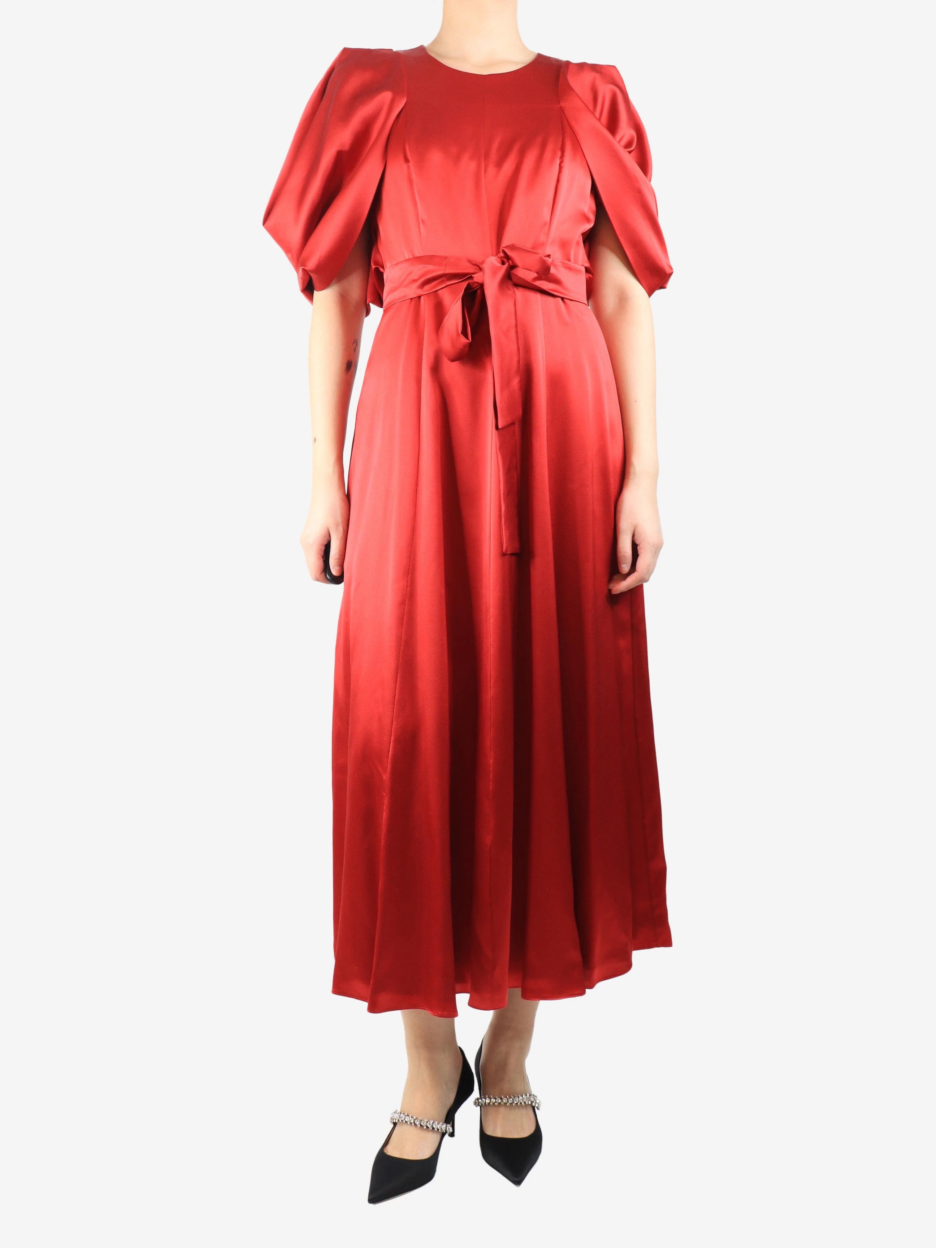 Red silk puff-sleeved midi dress - size UK 12