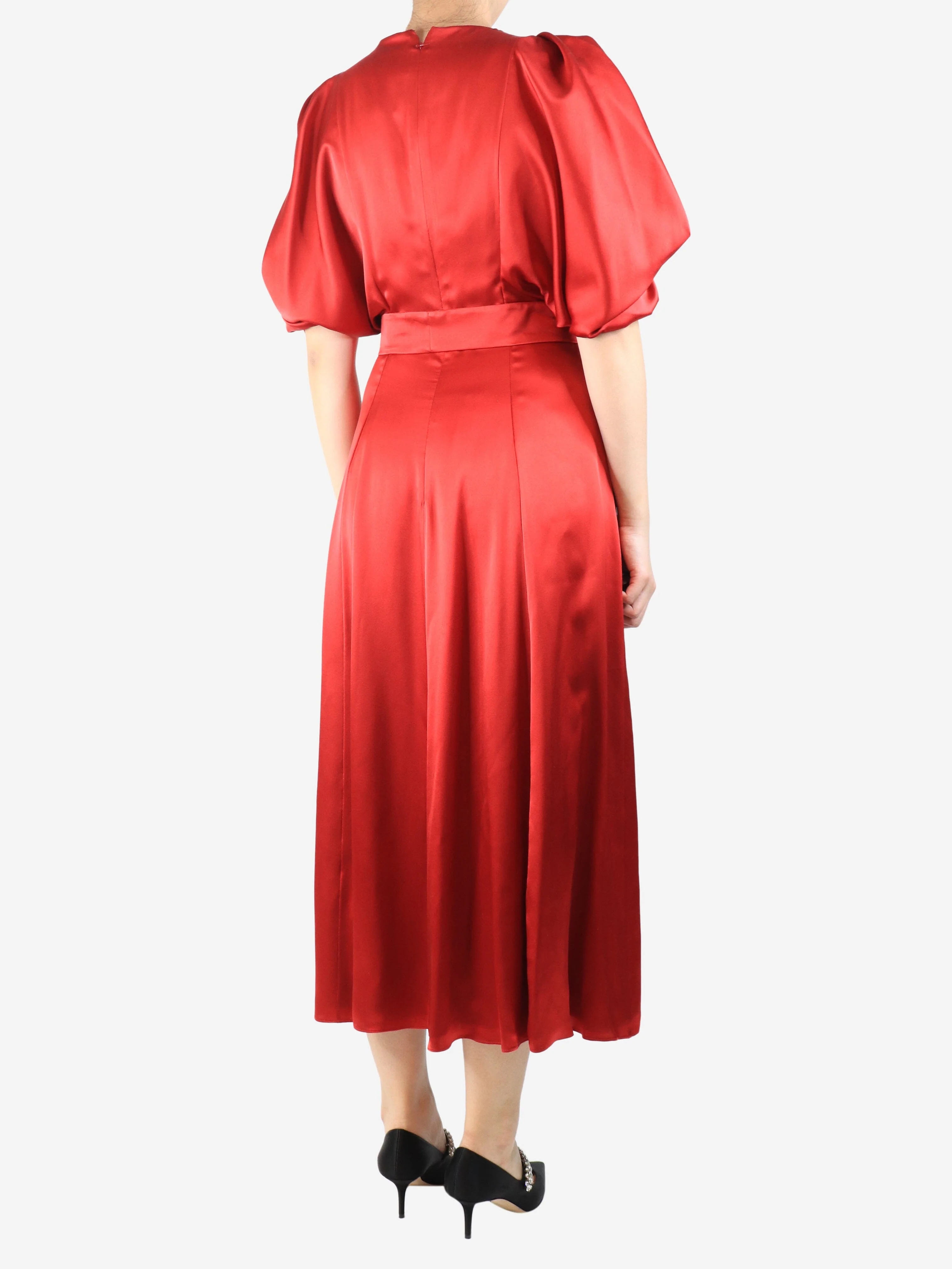 Red silk puff-sleeved midi dress - size UK 12 - Image 2
