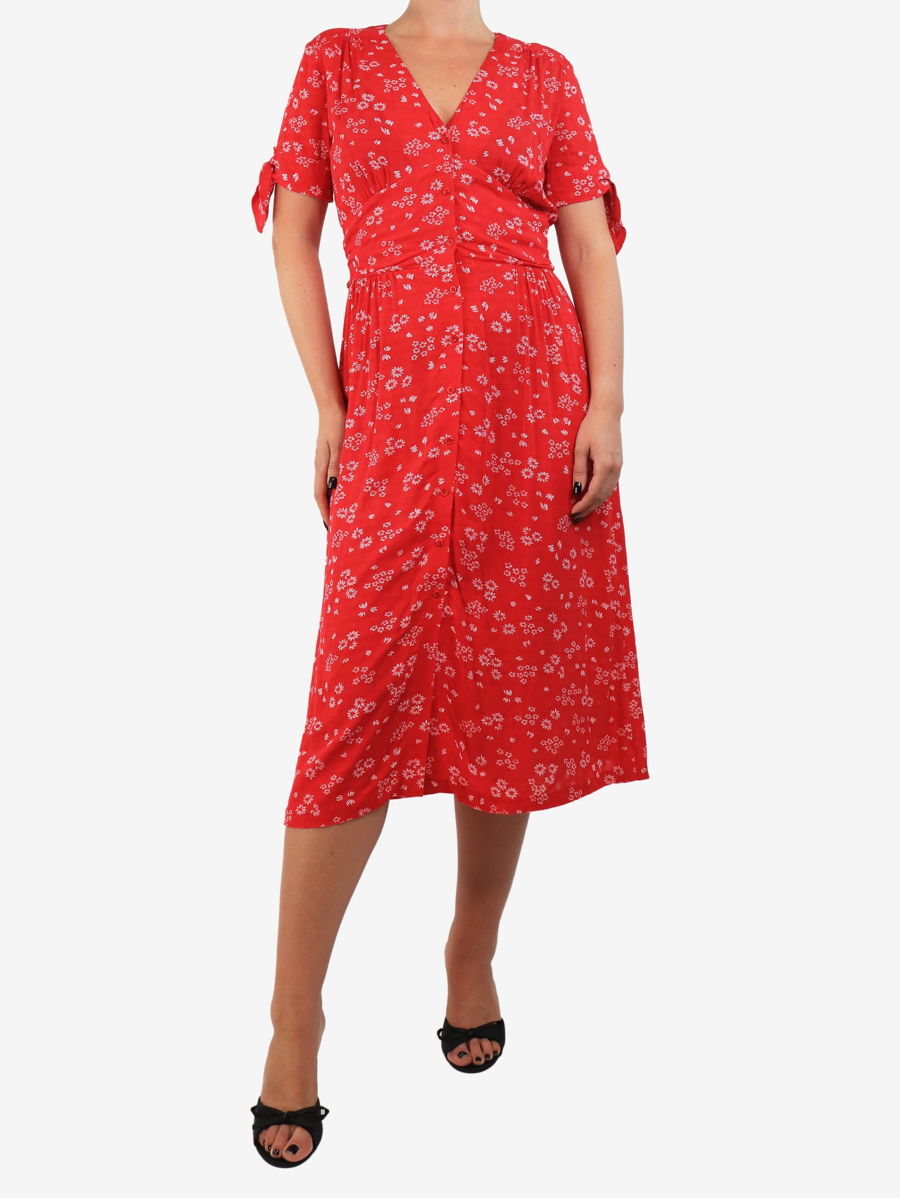 Red floral printed midi dress - size UK 10