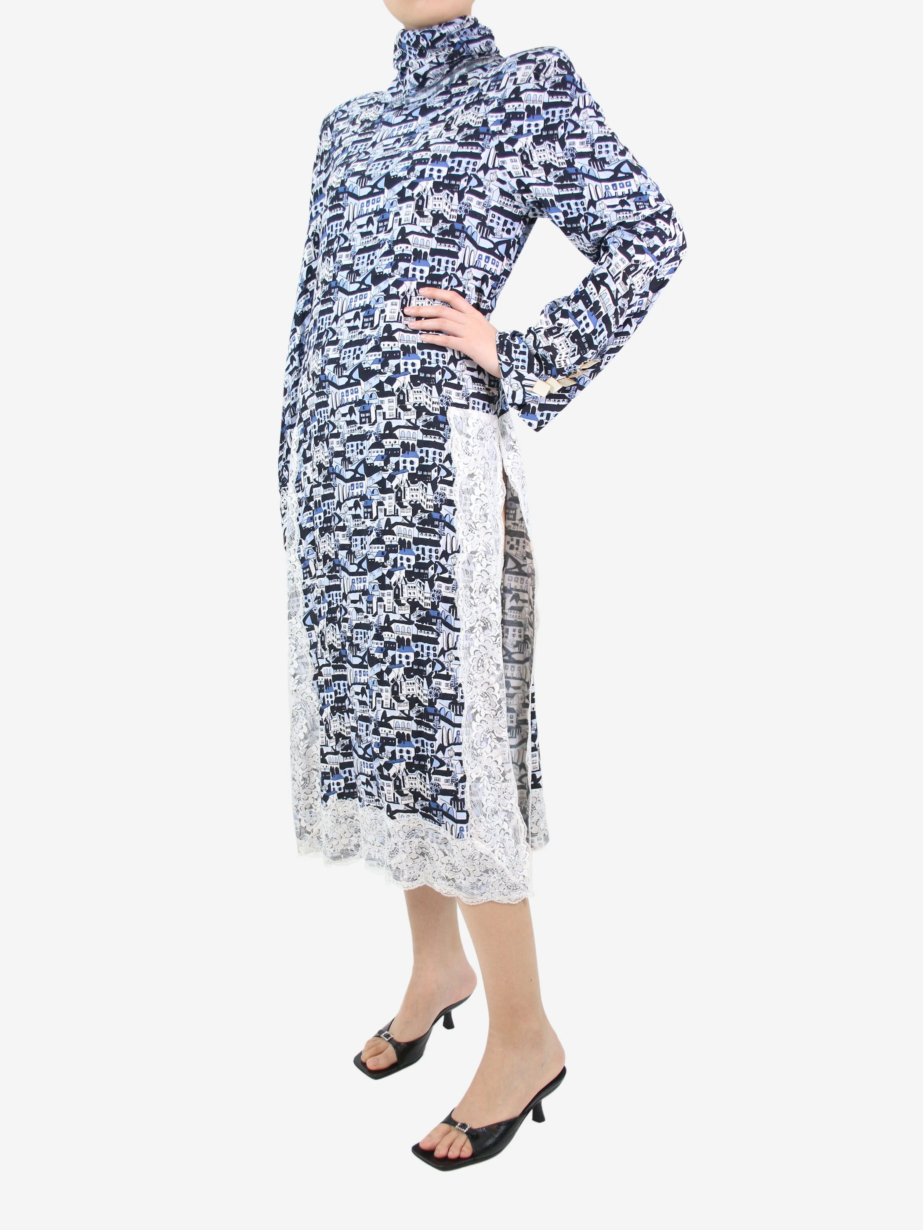 Blue high-neck printed dress with lace trim - size FR 36 - Image 3