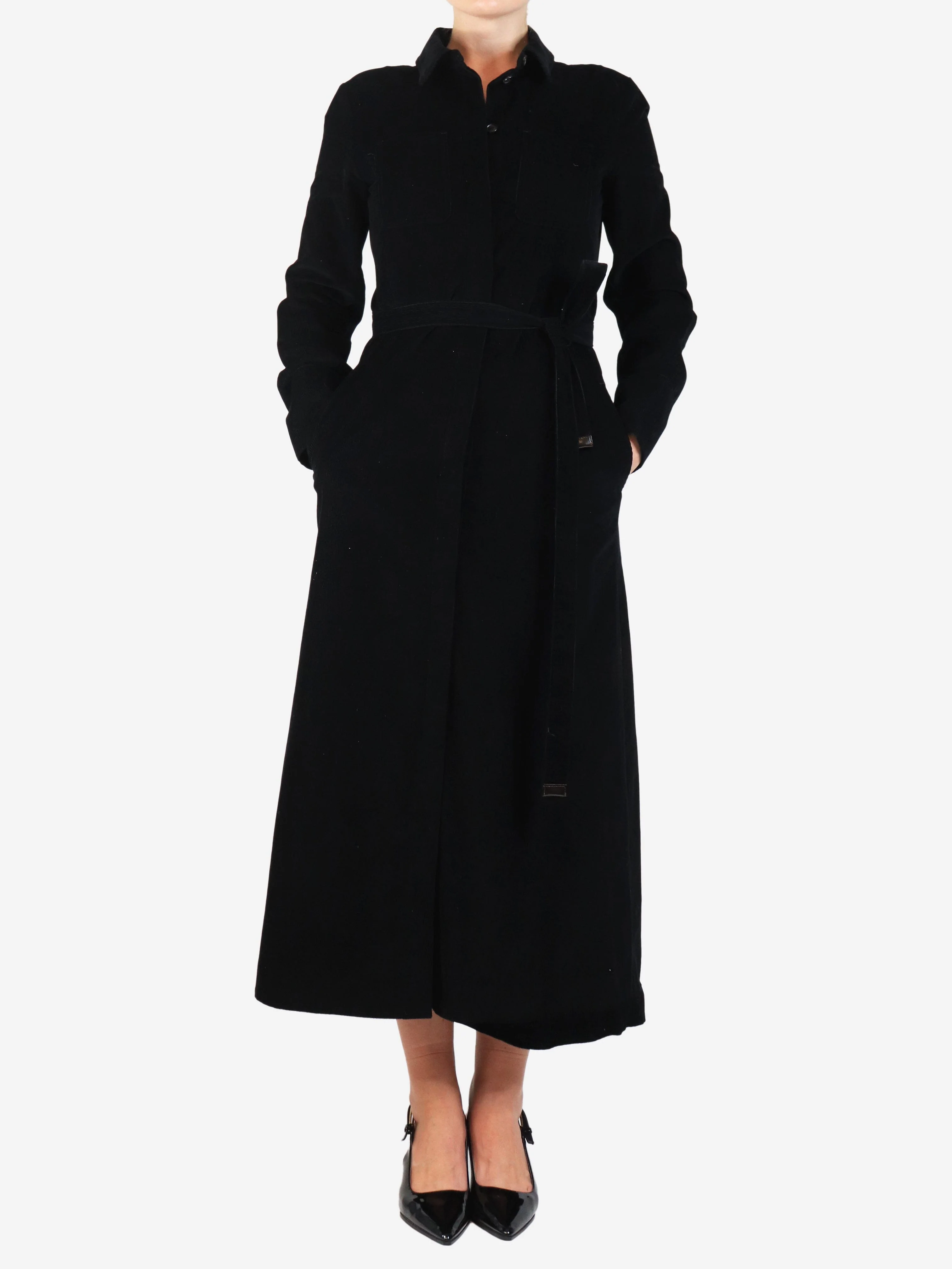 Black belted corduroy shirt dress - size UK 8