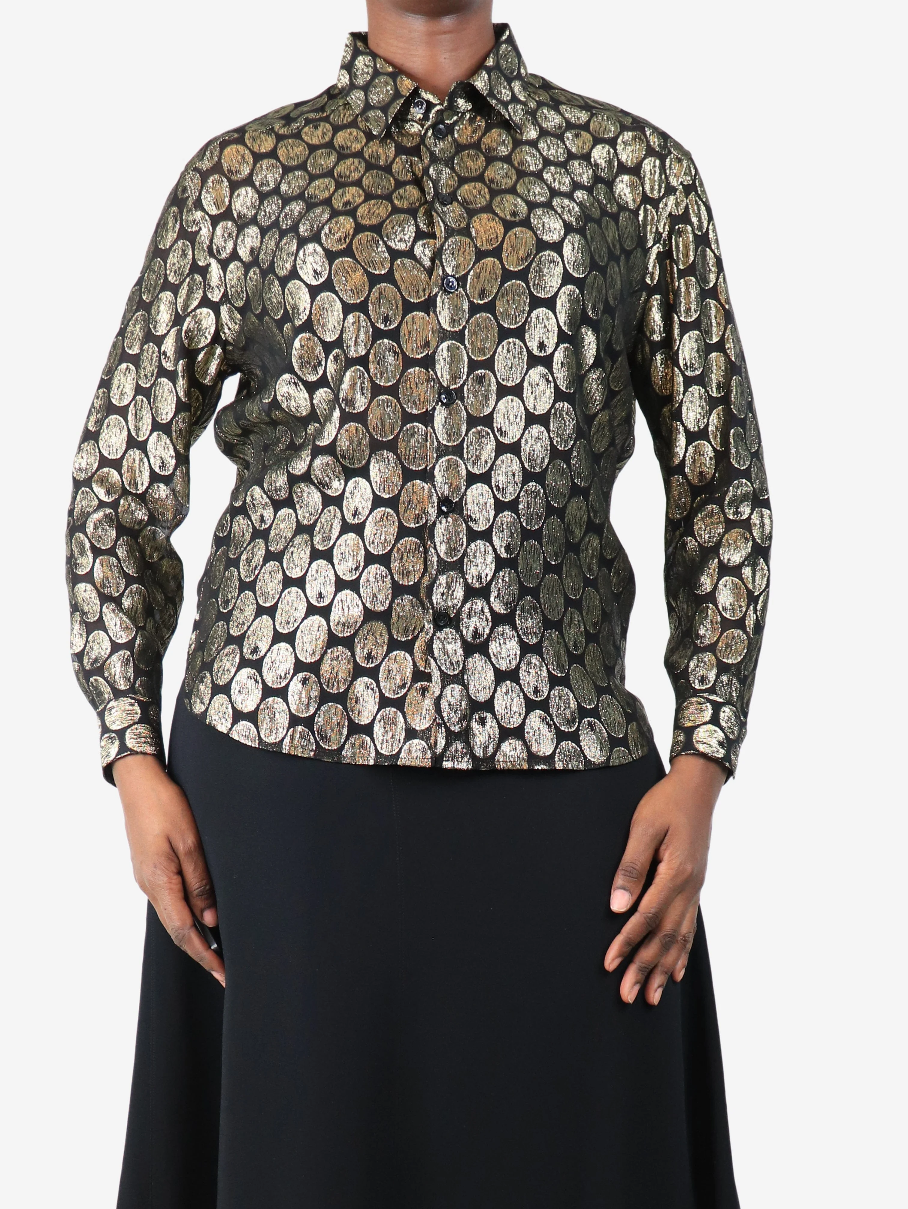 Black and gold lurex oval shirt - size UK 10