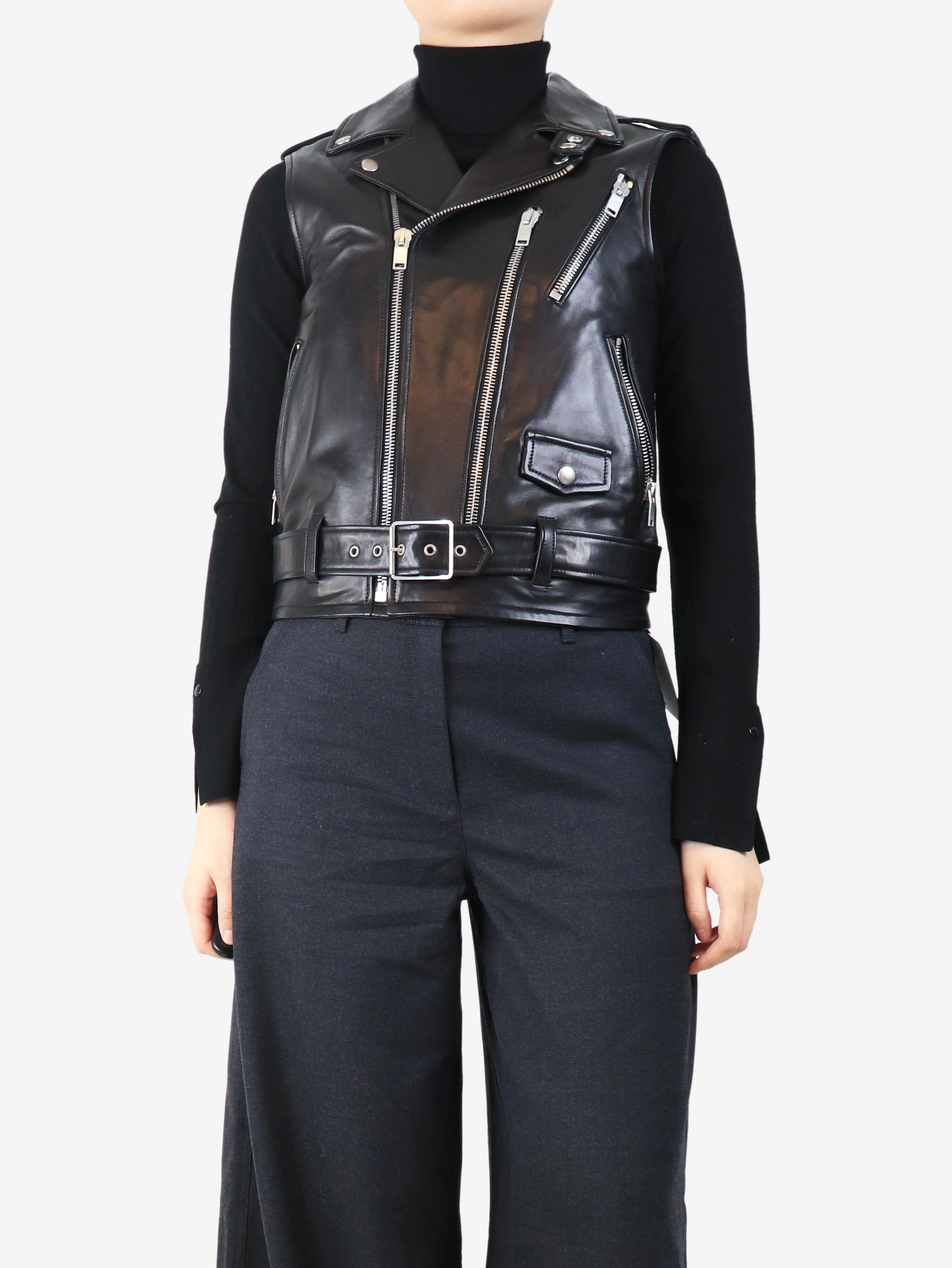 Black leather biker vest - size UK 12