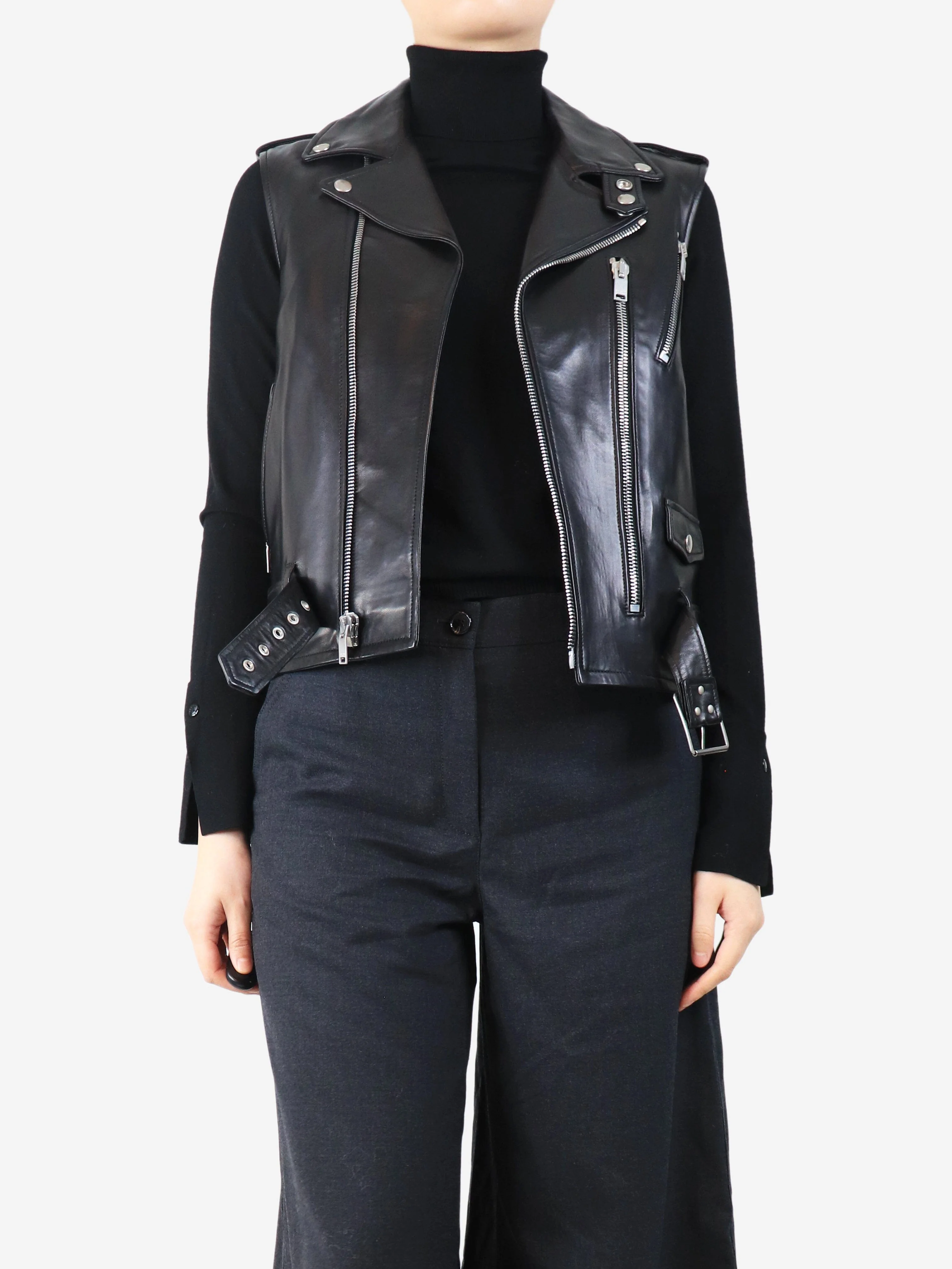 Black leather biker vest - size UK 12 - Image 3