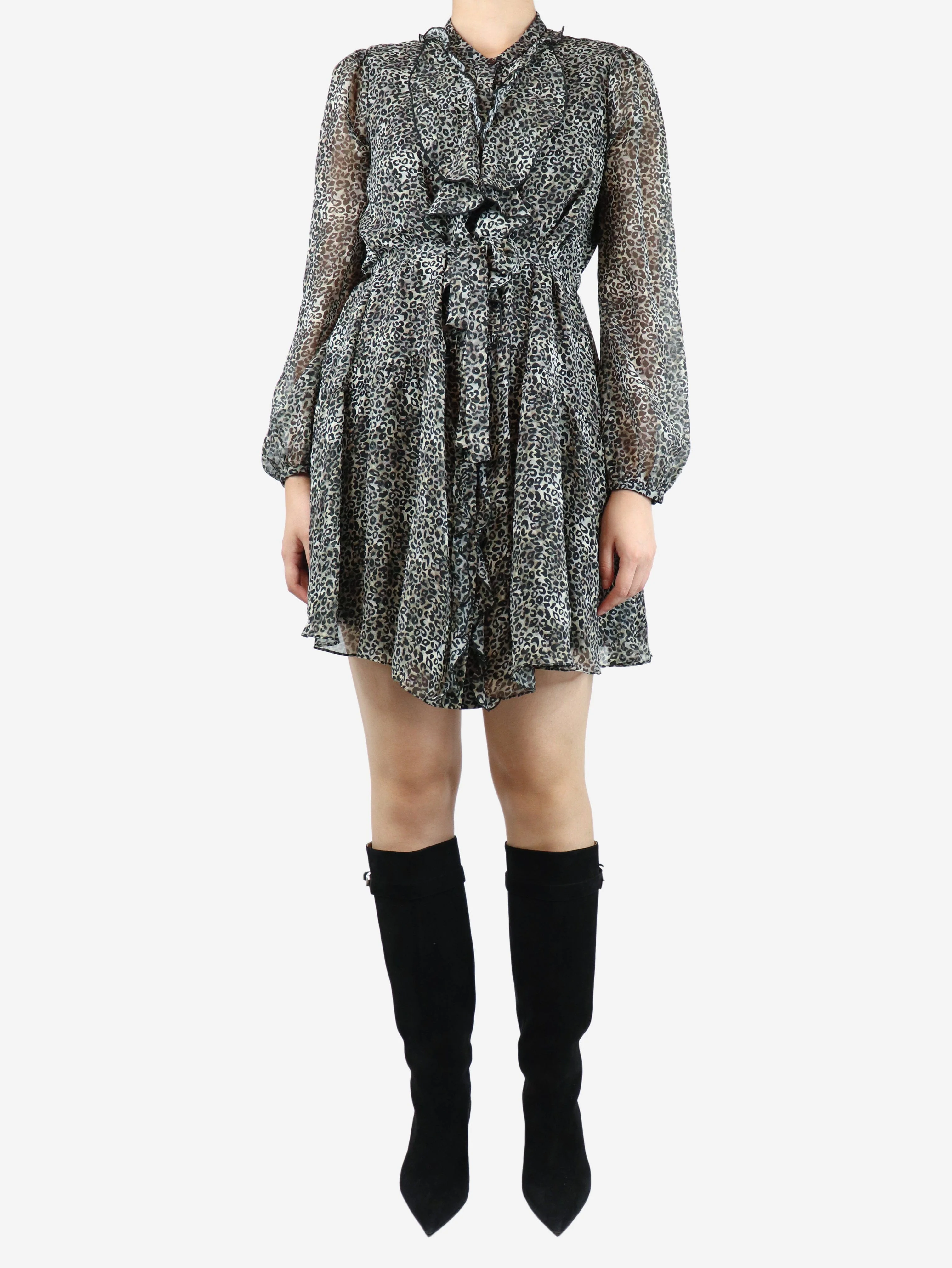 Leopard print ruffle mini dress - size UK 10