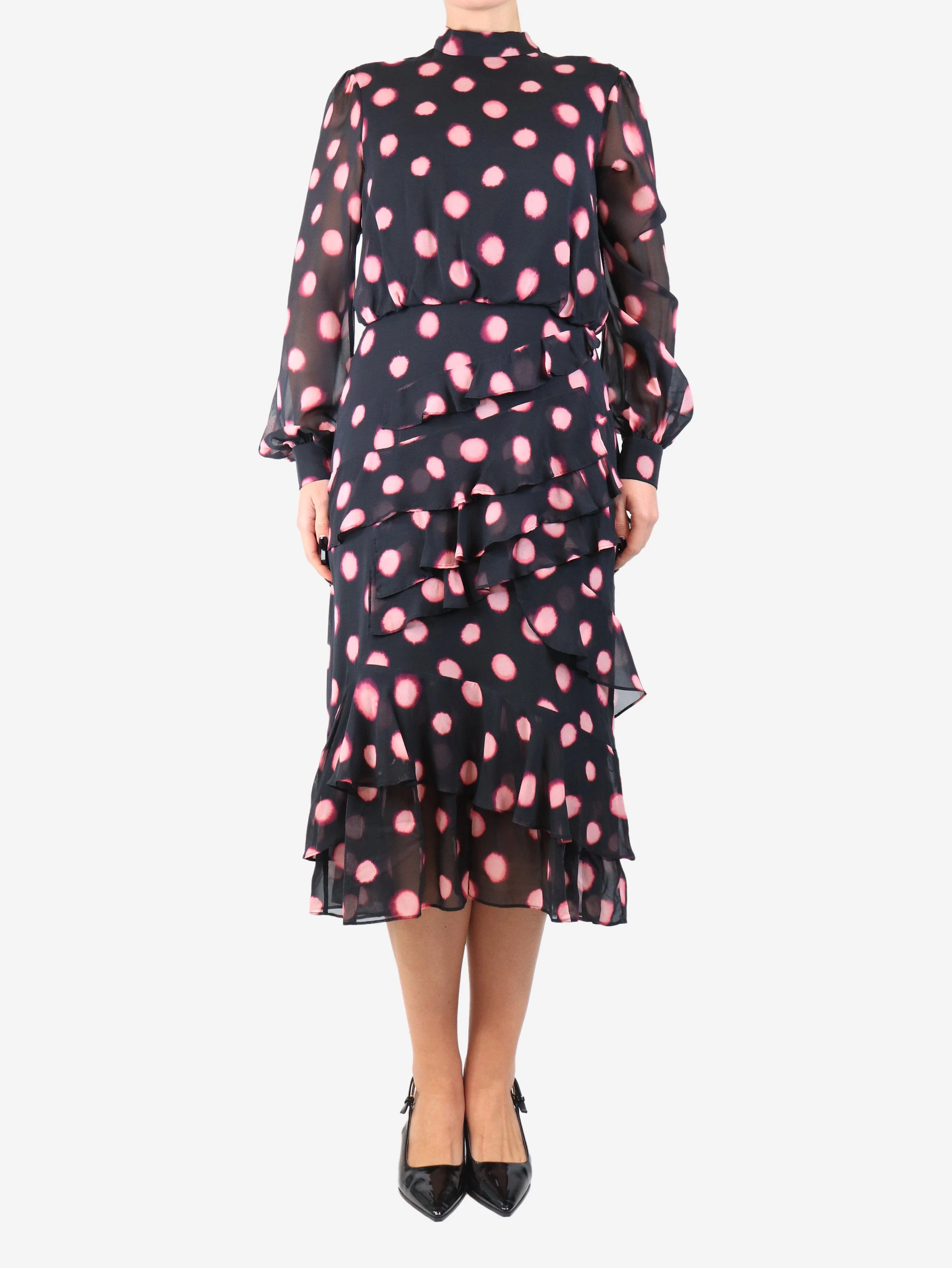 Black tie-dye polka dot ruffled midi dress - size UK 12