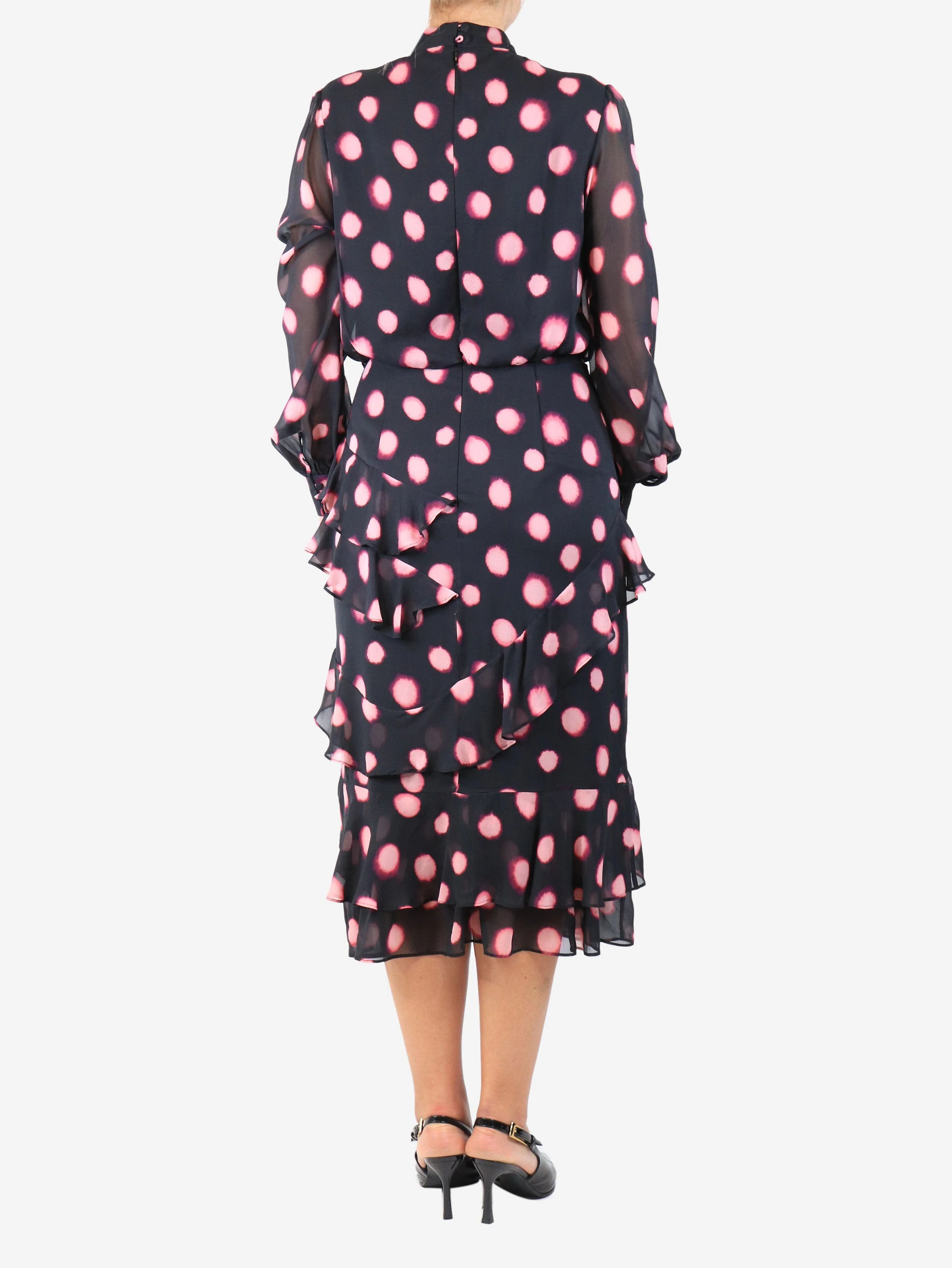 Black tie-dye polka dot ruffled midi dress - size UK 12 - Image 2
