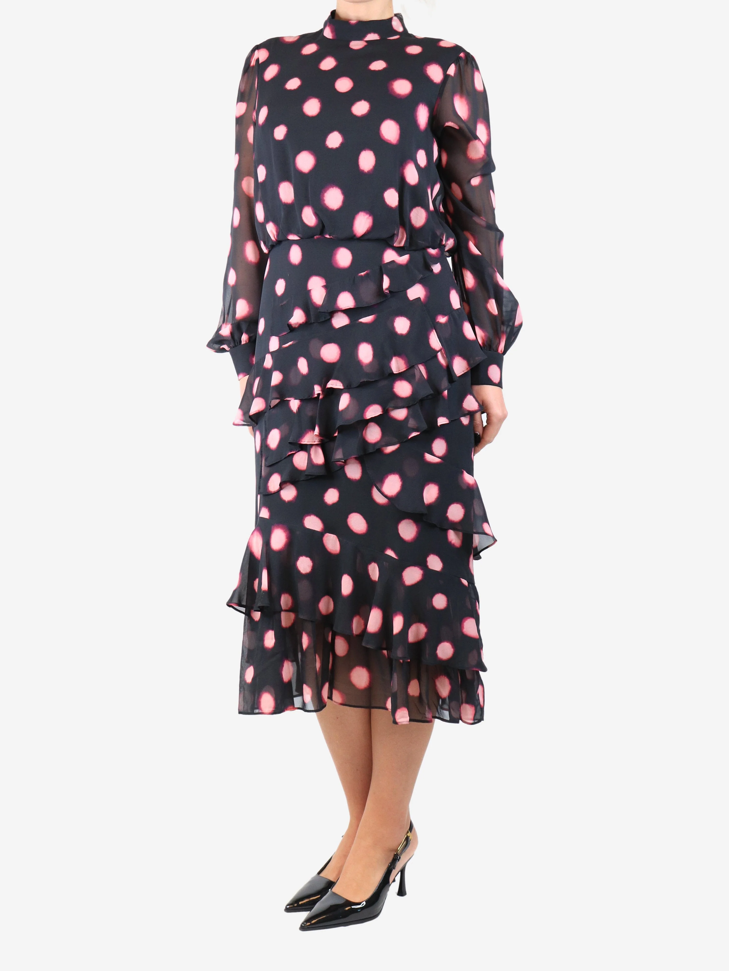 Black tie-dye polka dot ruffled midi dress - size UK 12 - Image 3