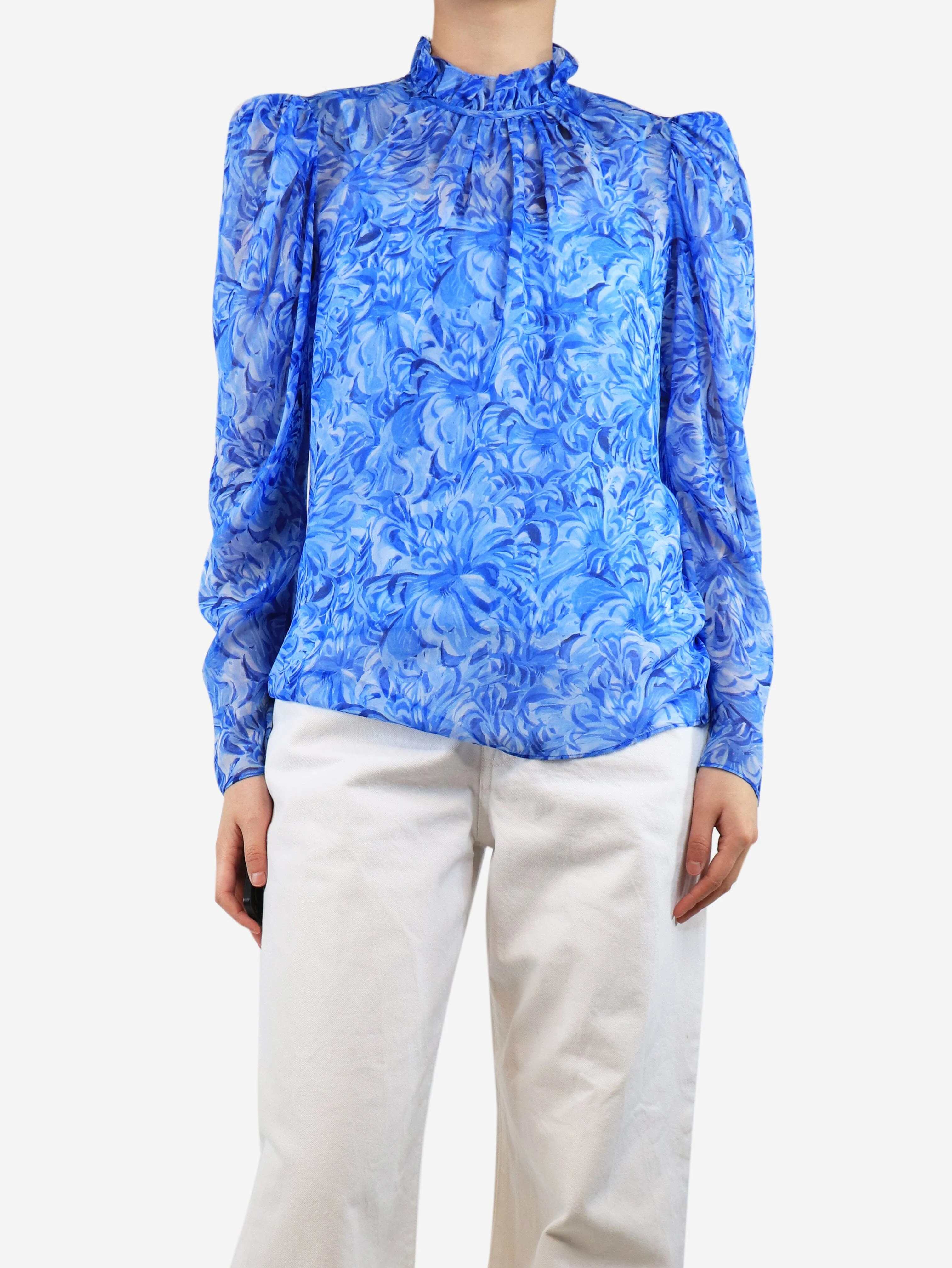 Blue floral silk blouse - size UK 8