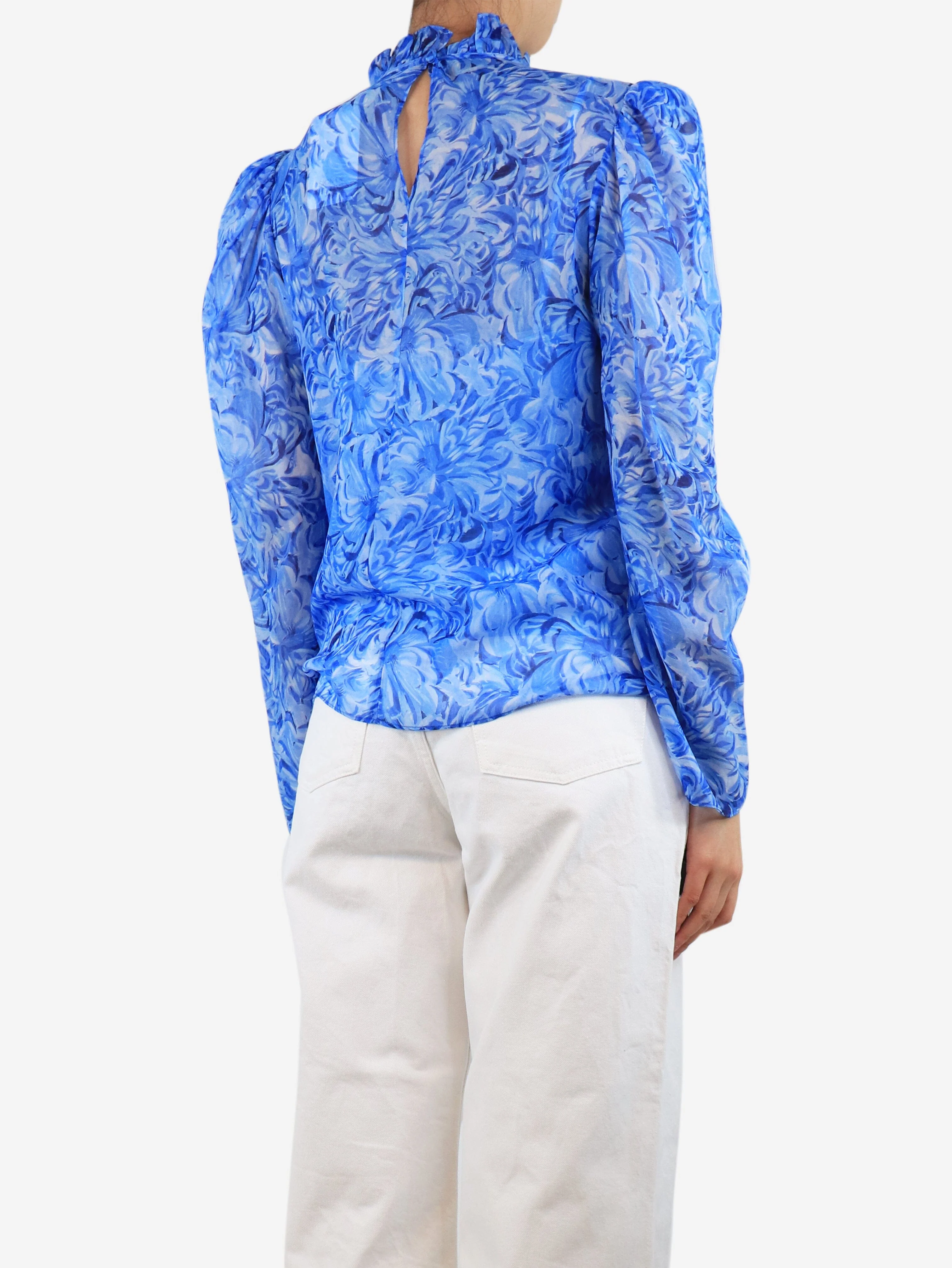Blue floral silk blouse - size UK 8 - Image 2