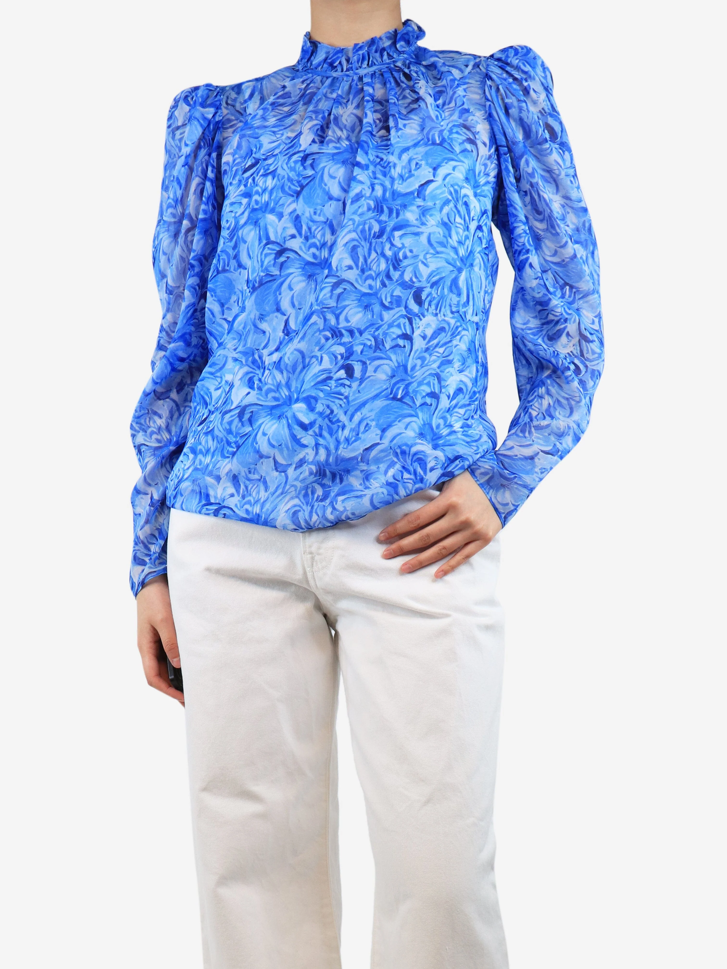 Blue floral silk blouse - size UK 8 - Image 3