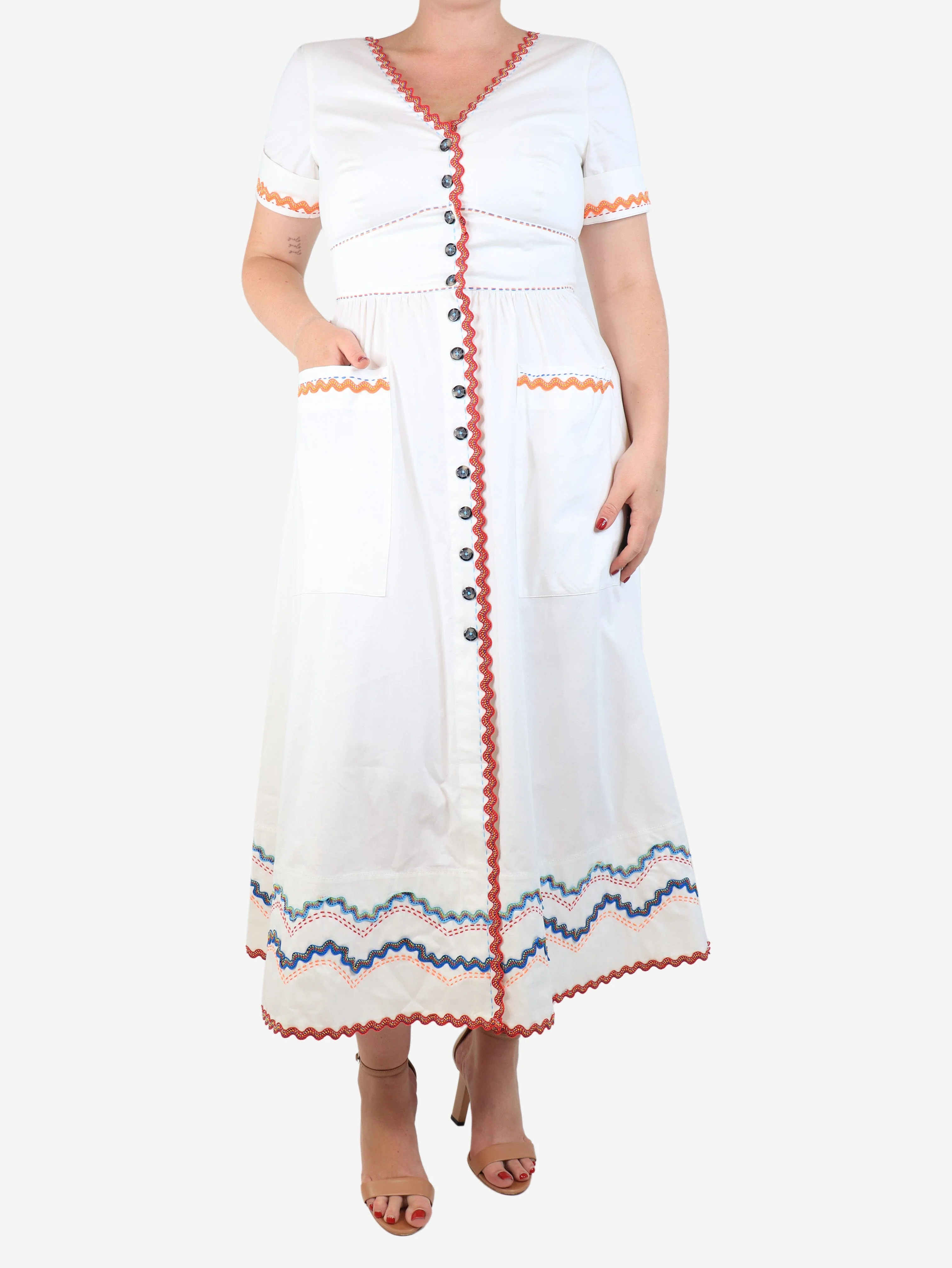 White embroidered pocket dress - size UK 12