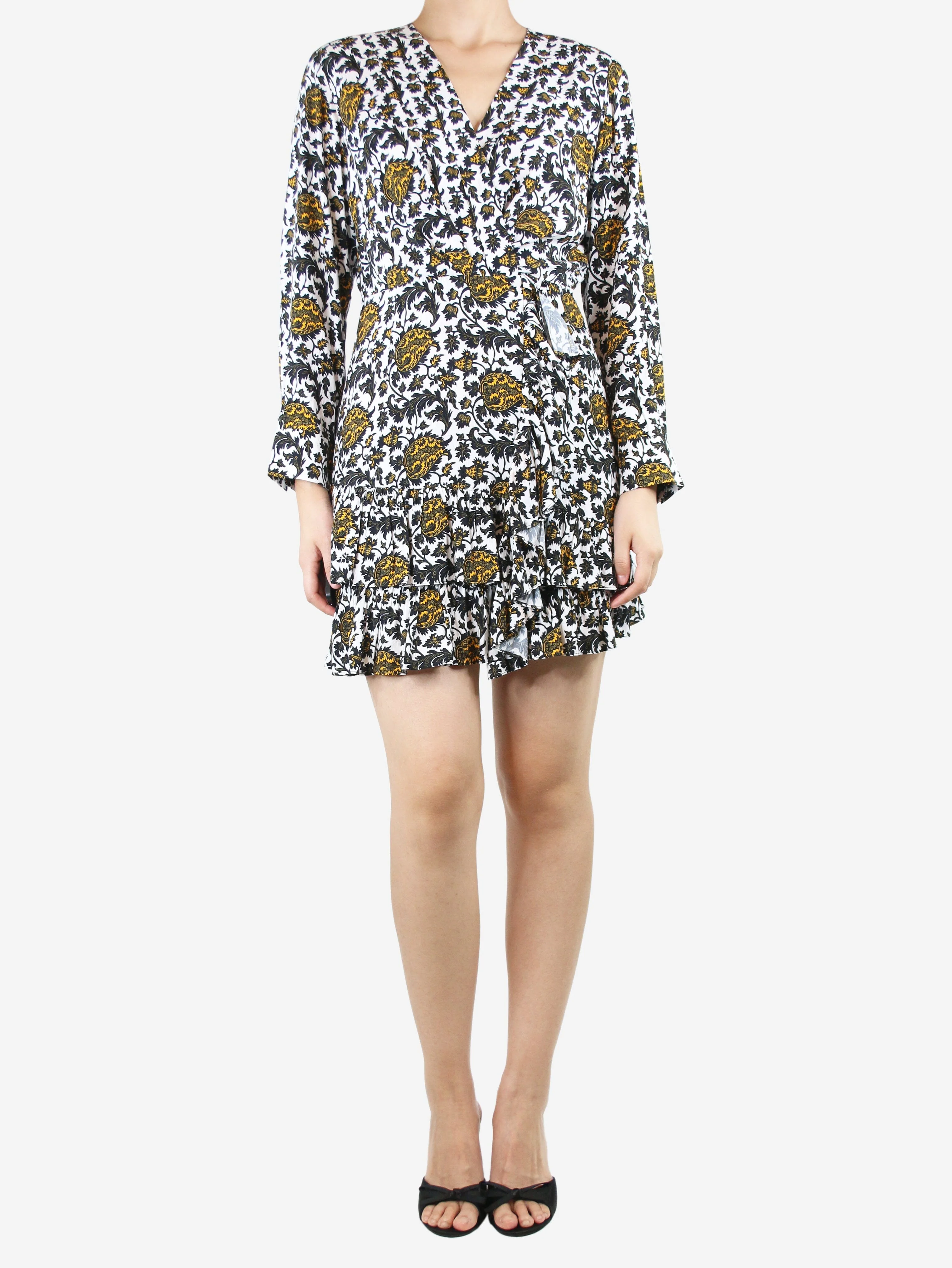 Multi printed ruffle mini dress - size UK 8