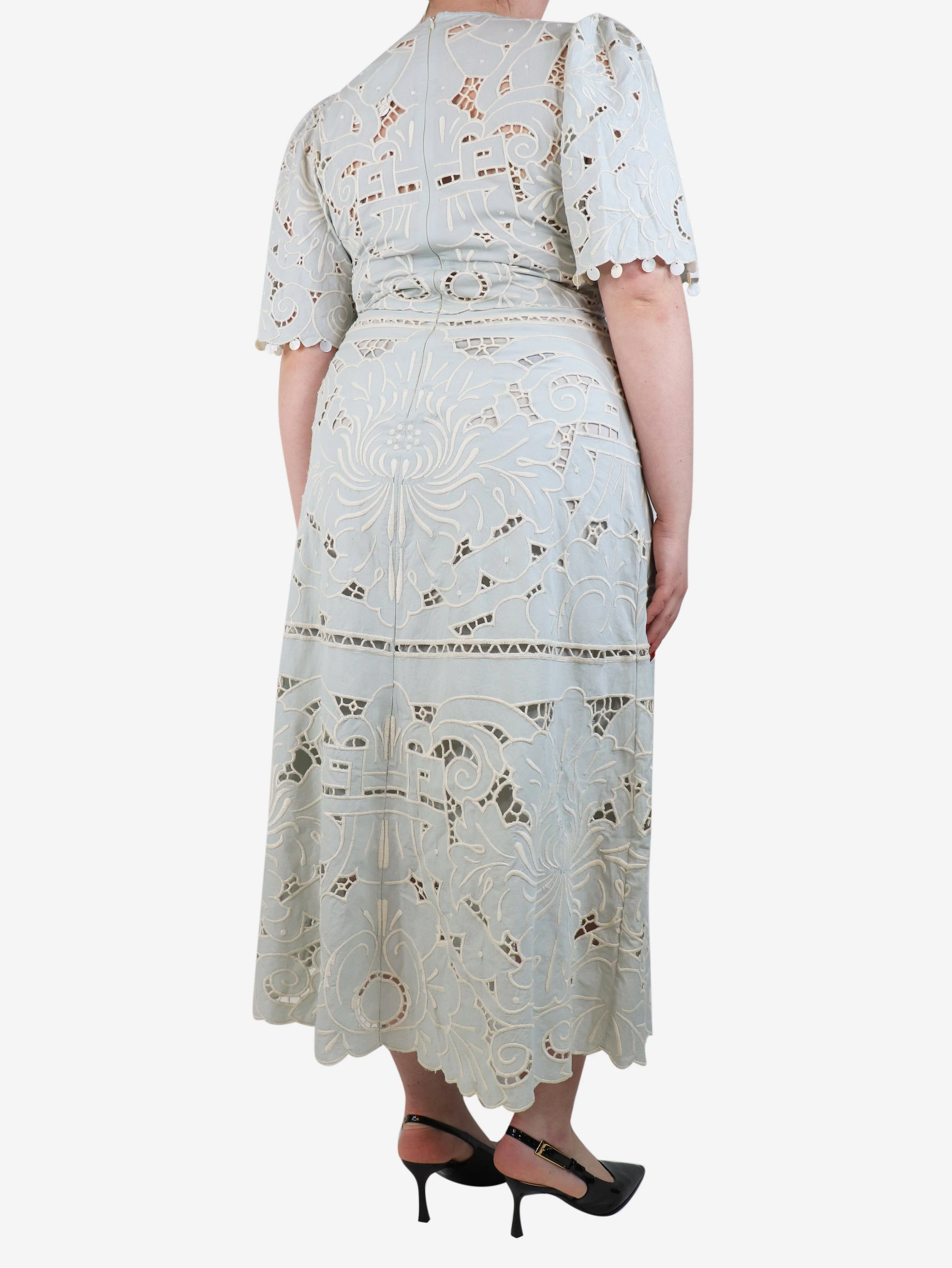 Blue and white embroidered maxi dress - size UK 14 - Image 2
