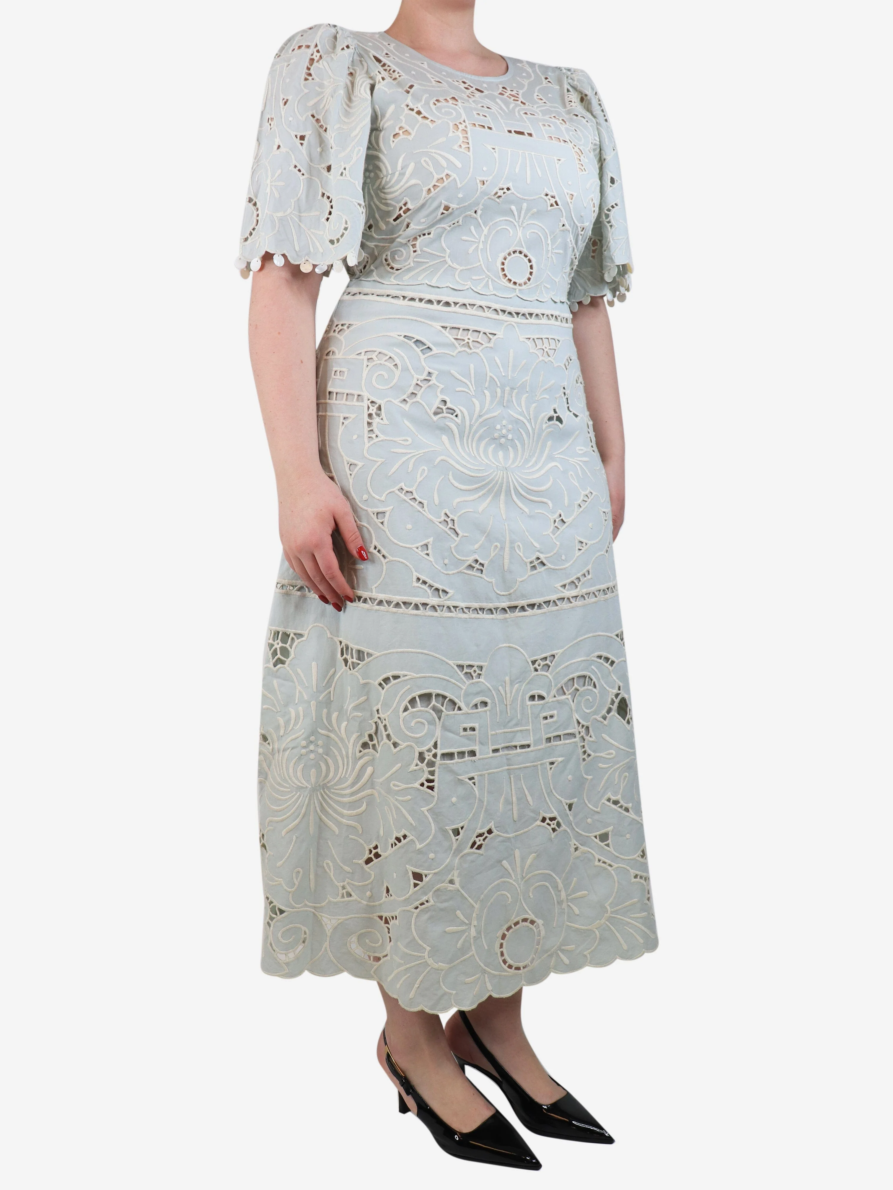 Blue and white embroidered maxi dress - size UK 14 - Image 3