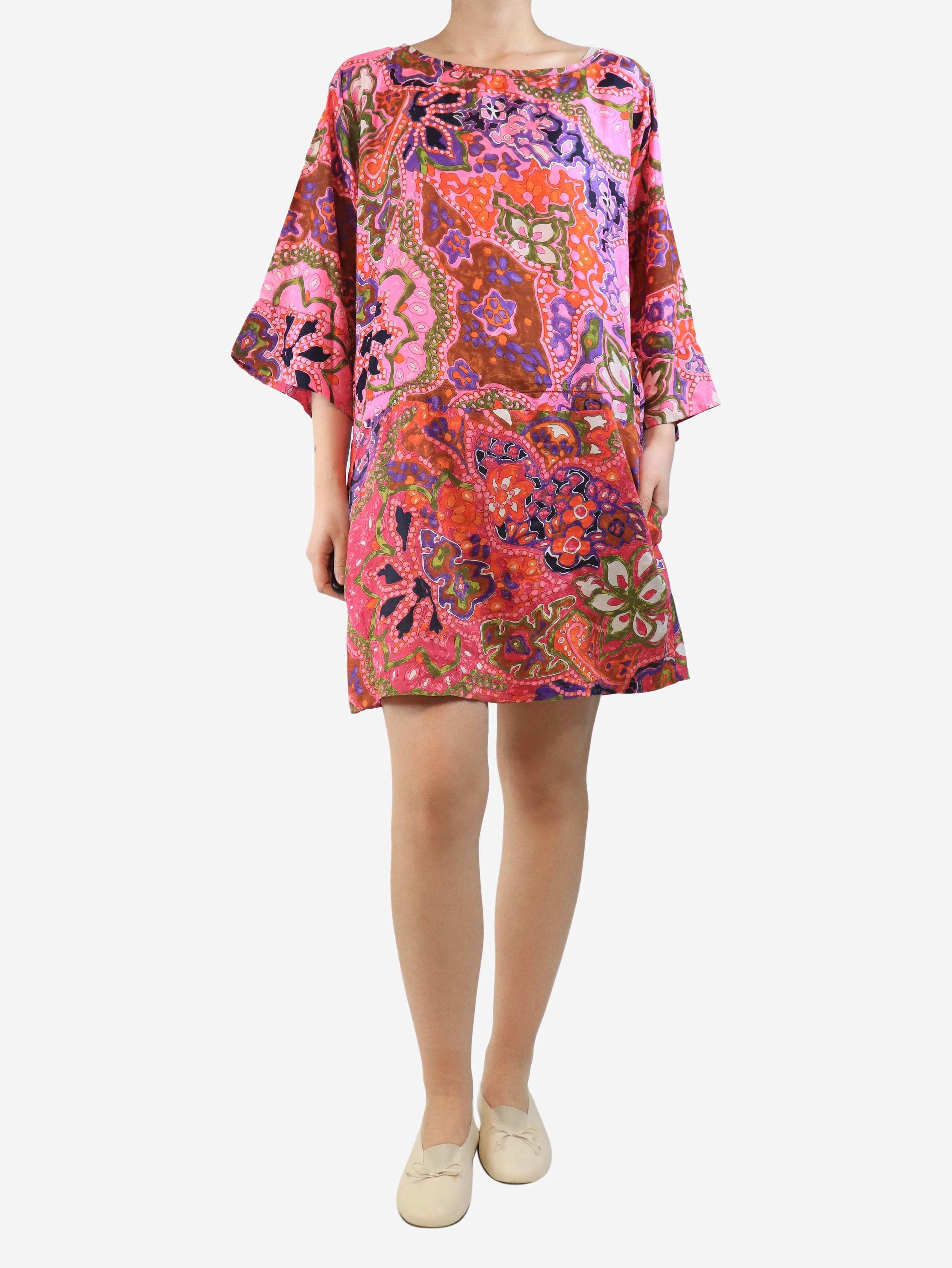 Pink silk printed mini dress - size UK 12